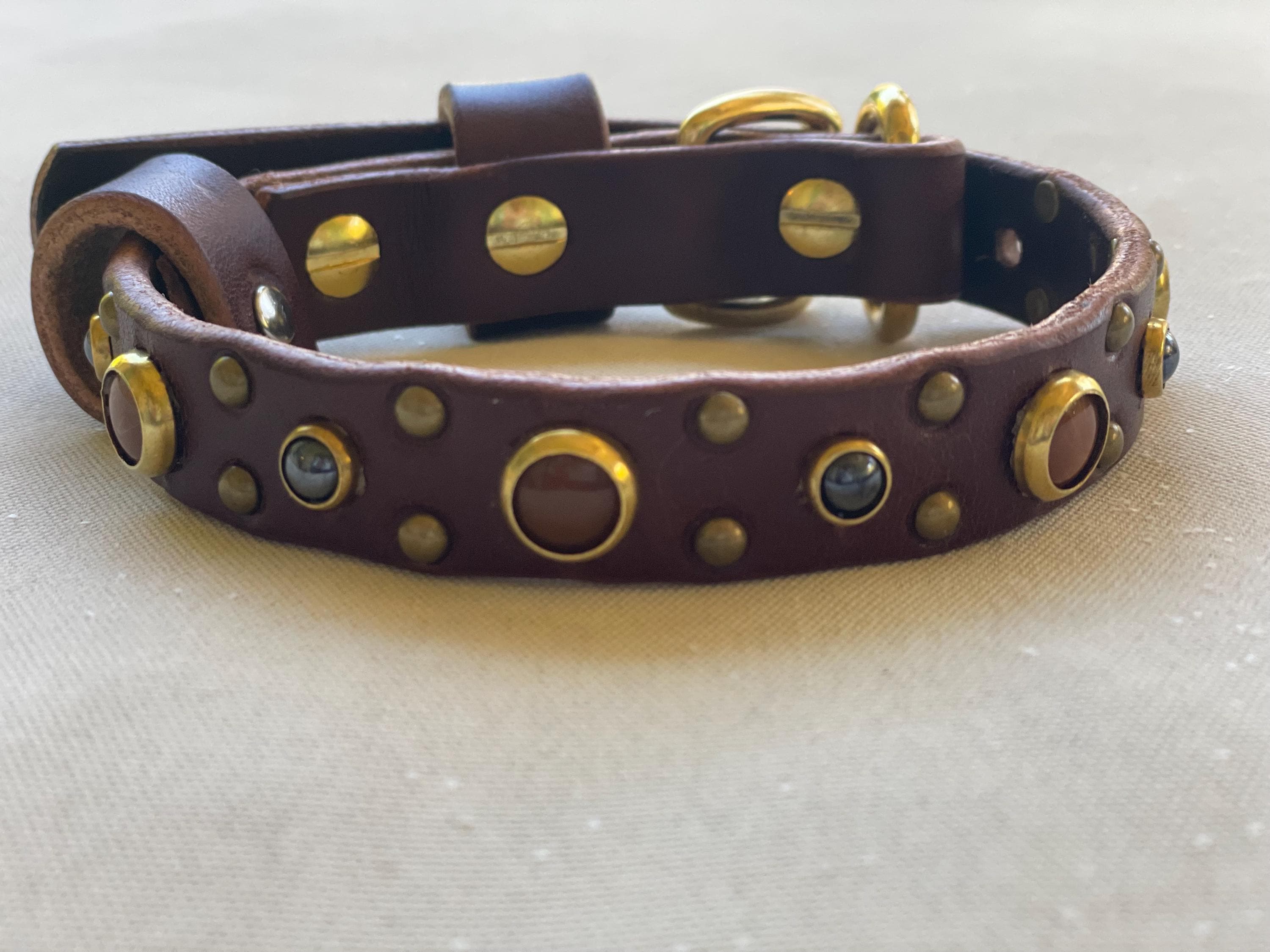 Tiger’s Eye & Onyx Leather Dog Collar – Handmade Natural Stone Dog Collar with Brass, Antique Brass, Nickel, or Matte Black Hardware