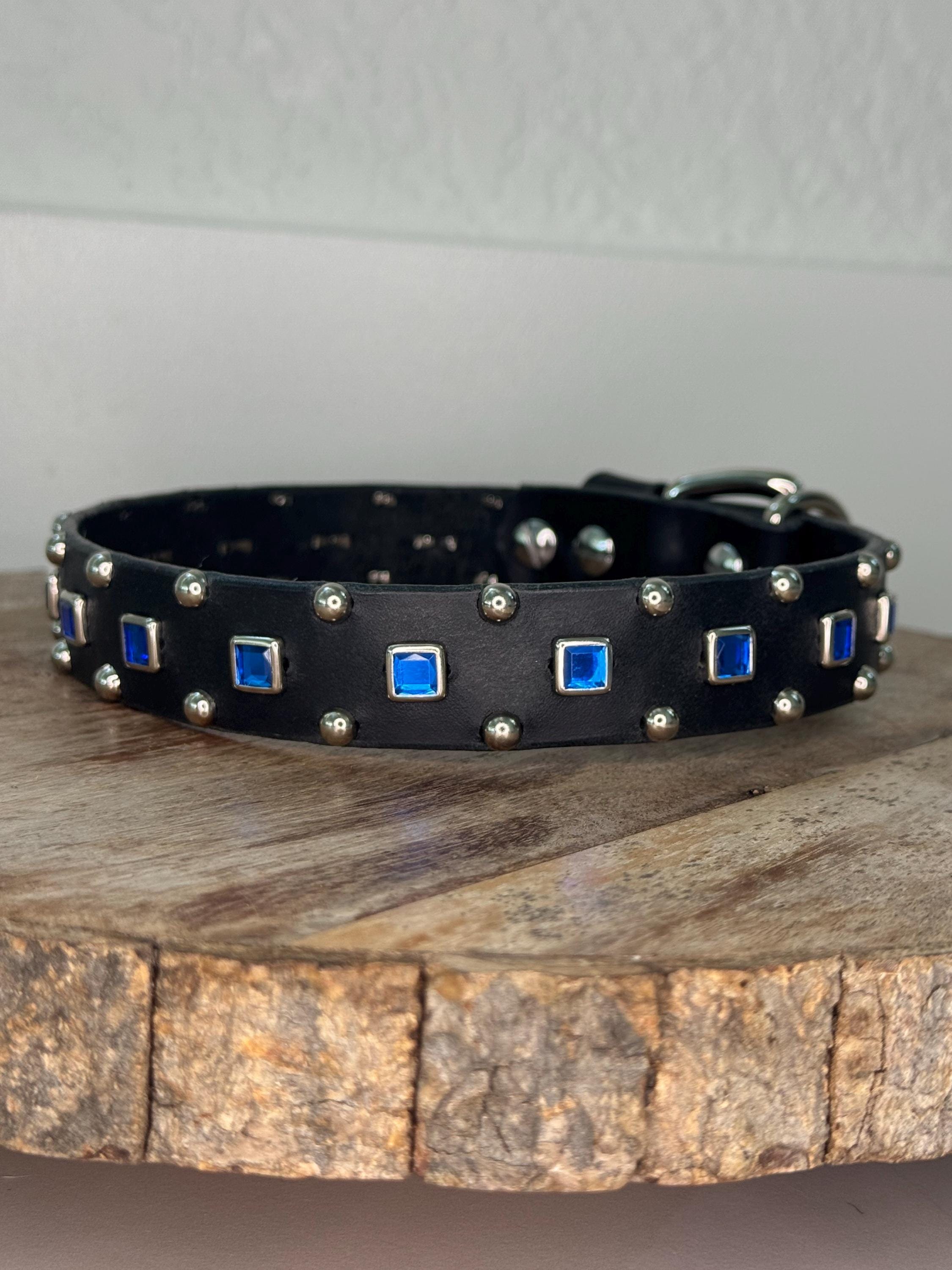 Baryte Square Jewel Leather Dog Collar – 1" Medium Dog Collar with Nickel Nameplate