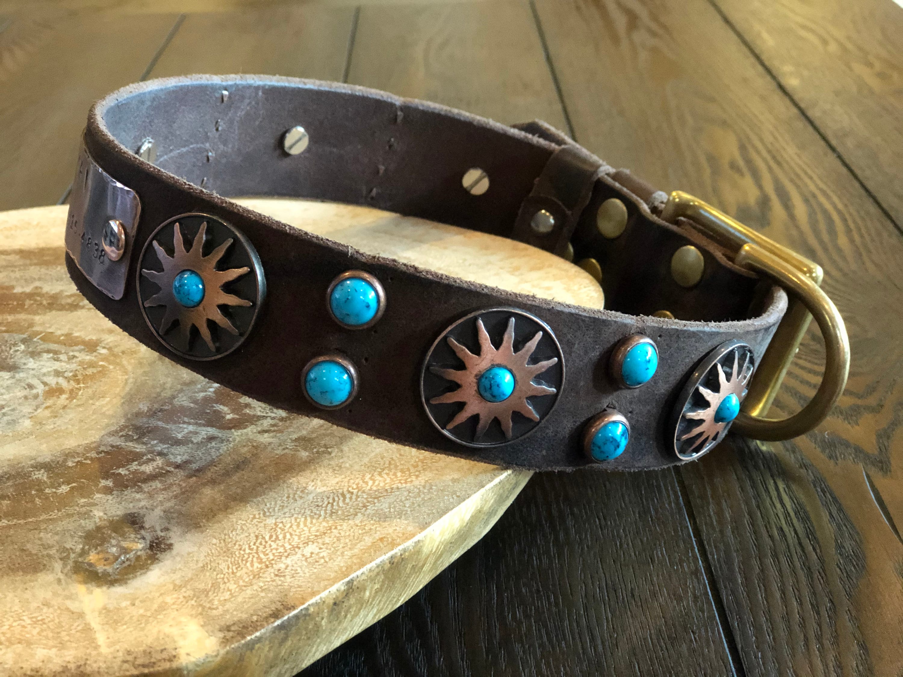 Western Native Sun Leather Dog Collar – 1.5" Turquoise & Copper Sun Concho Large Dog Collar