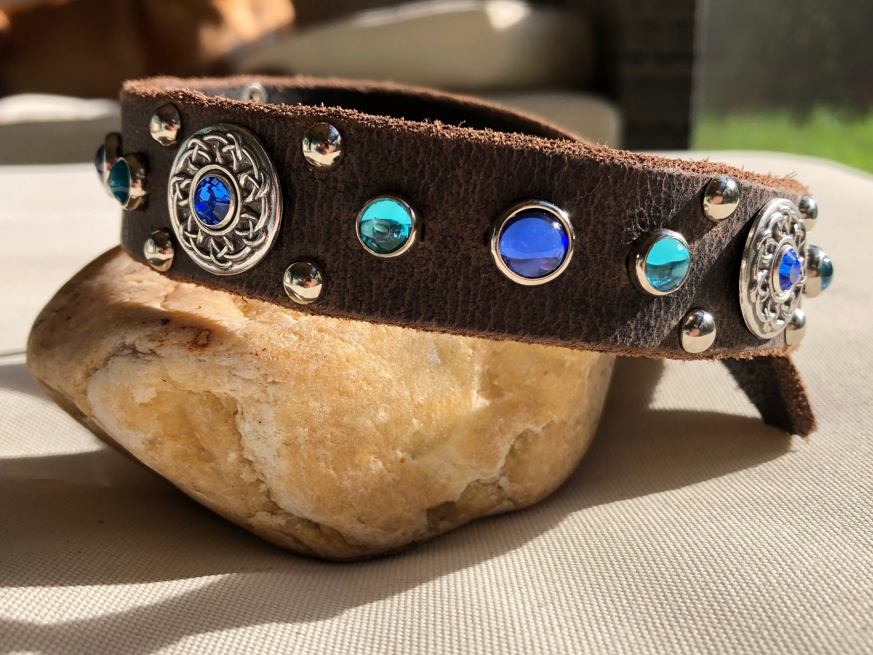 Grapevine Leather Dog Collar – 1" Celtic Concho Dog Collar with Crystals & Cabochons – Optional Nameplat
