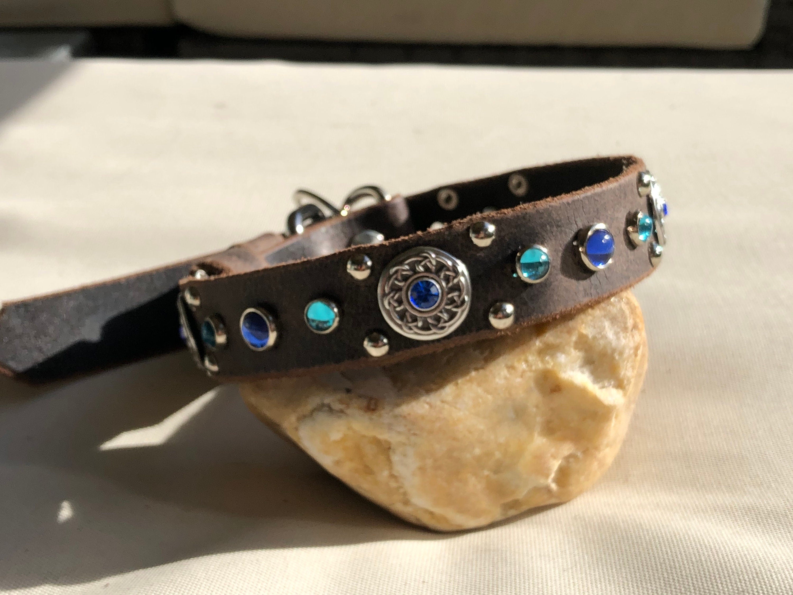 Grapevine Leather Dog Collar – 1" Celtic Concho Dog Collar with Crystals & Cabochons – Optional Nameplat