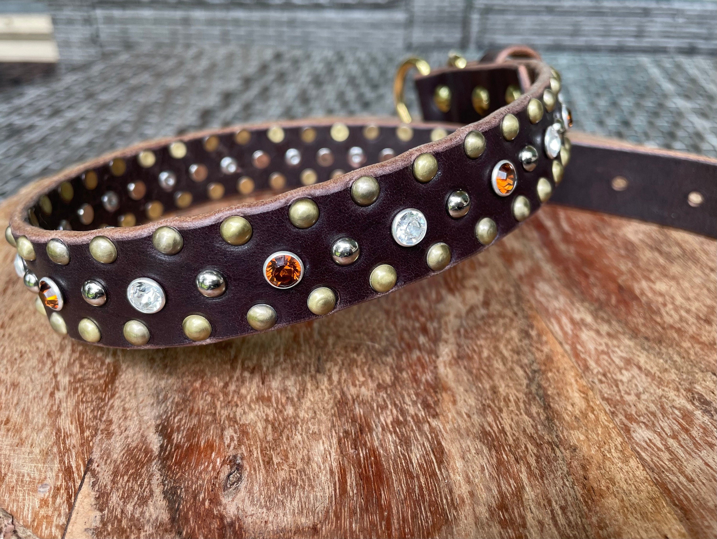 The Imperial – Studded Crystal Leather Dog Collar 1" | Brass & Nickel Hardware | Handmade Luxury