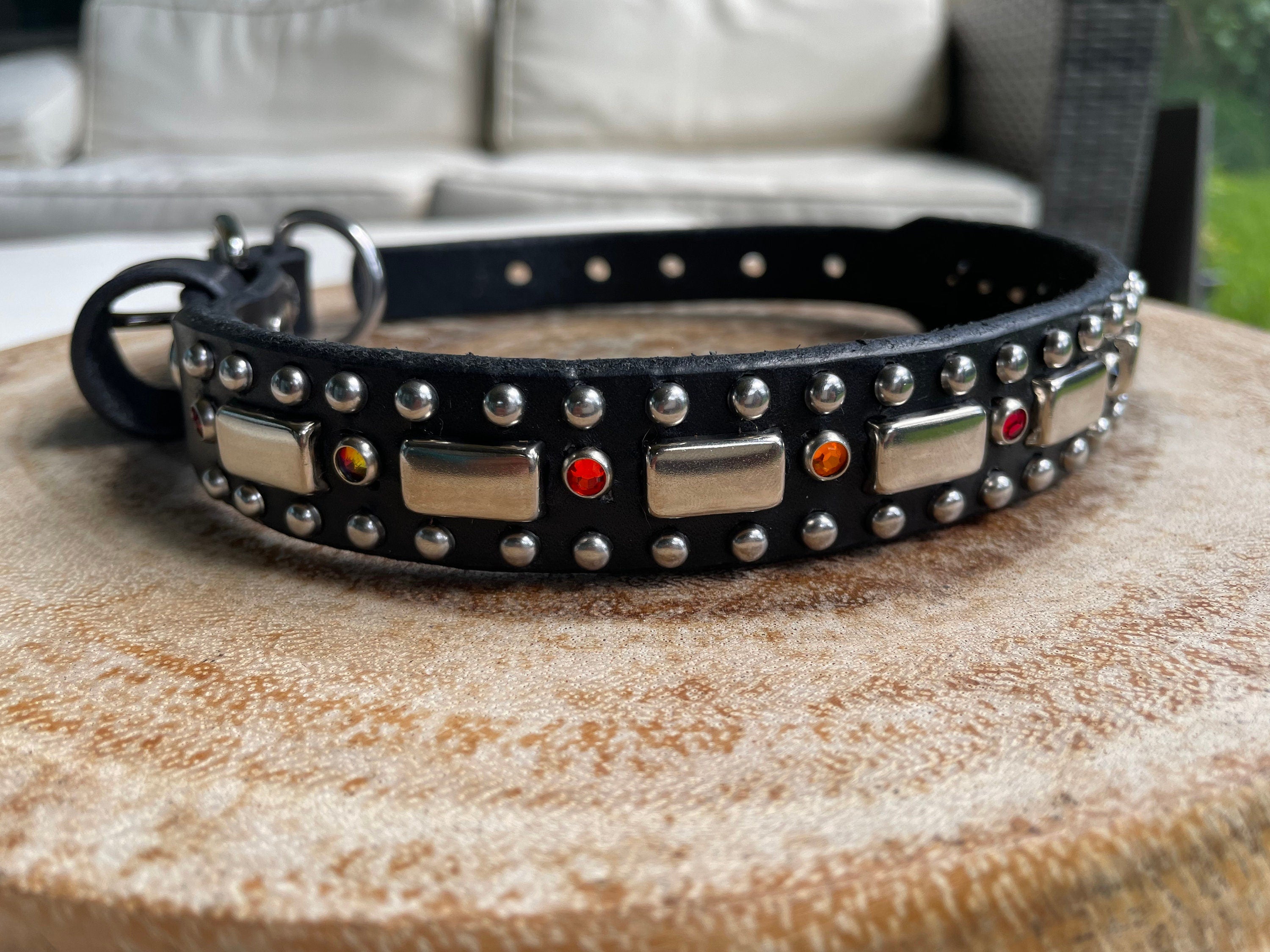 Attis Leather Dog Collar – 1" Crystal & Nickel Spots Statement Dog Collar – Optional Nameplate