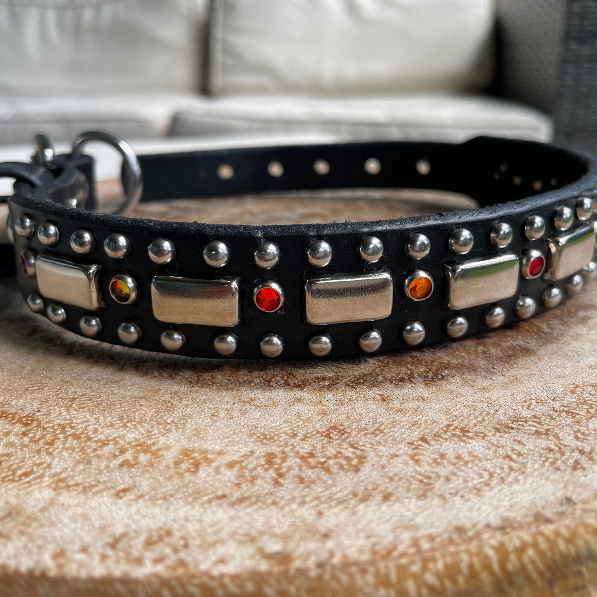 Attis Leather Dog Collar – 1" Crystal & Nickel Spots Statement Dog Collar – Optional Nameplate