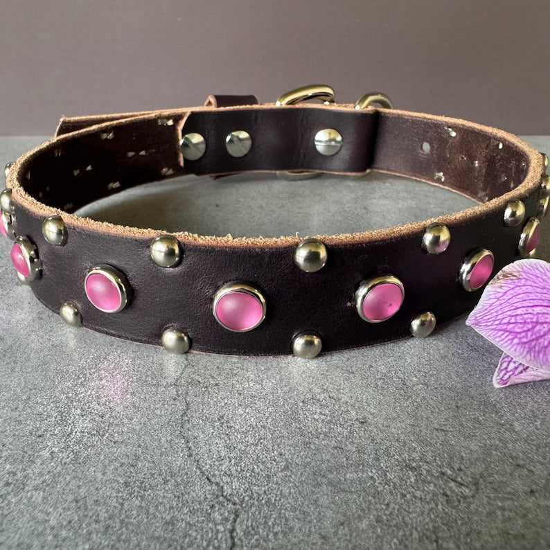 The Aurora Collar - 1 inch jeweled leather dog collar with pink cabochon gems