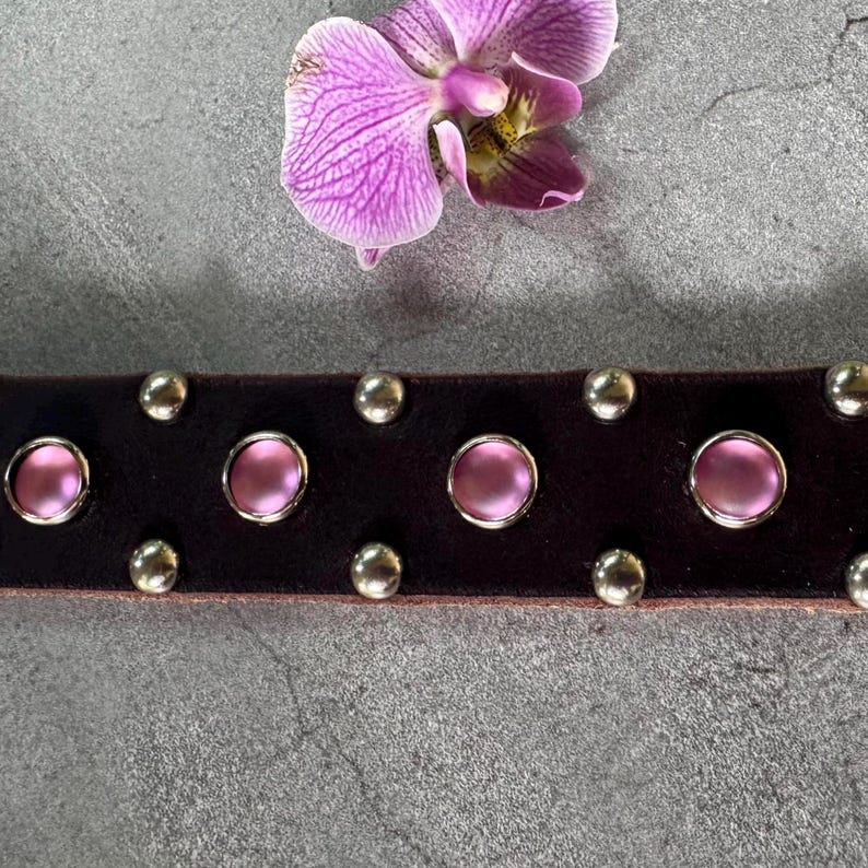 The Aurora Collar dark brown leather with pink cabochons and orchid