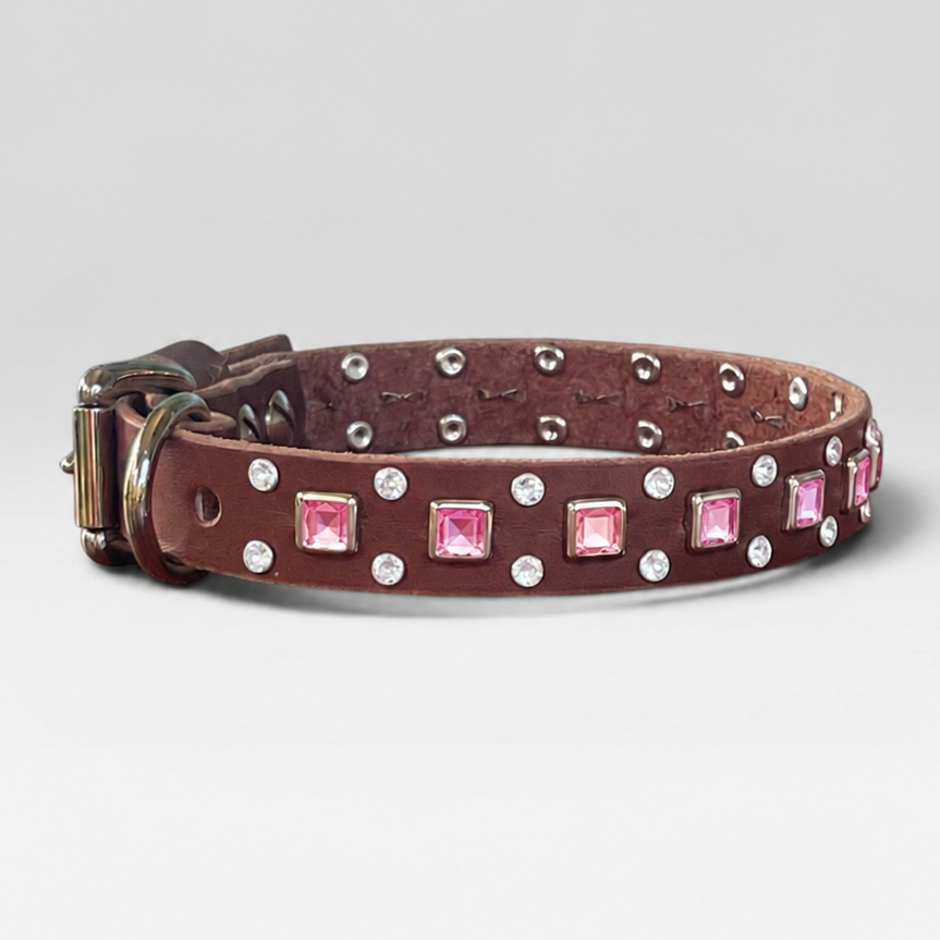Baryte Square Jewel Leather Dog Collar – 3/4" Small Dog Collar with Nickel Nameplate