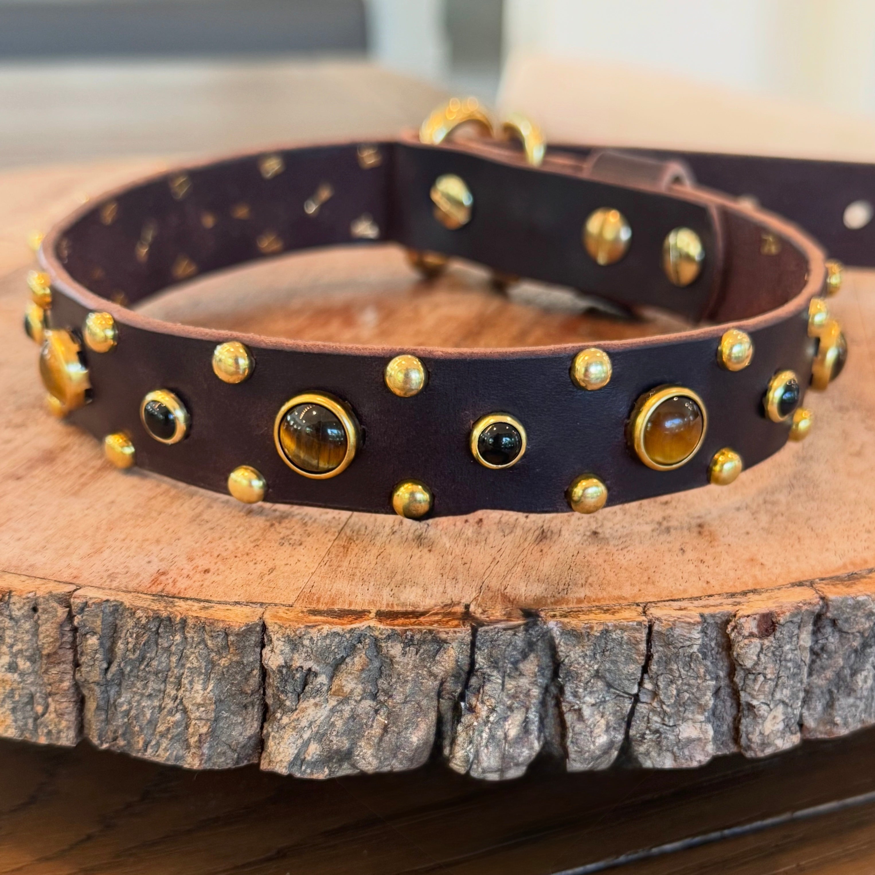 Tiger’s Eye & Onyx Leather Dog Collar – Handmade Natural Stone Dog Collar with Brass, Antique Brass, Nickel, or Matte Black Hardware