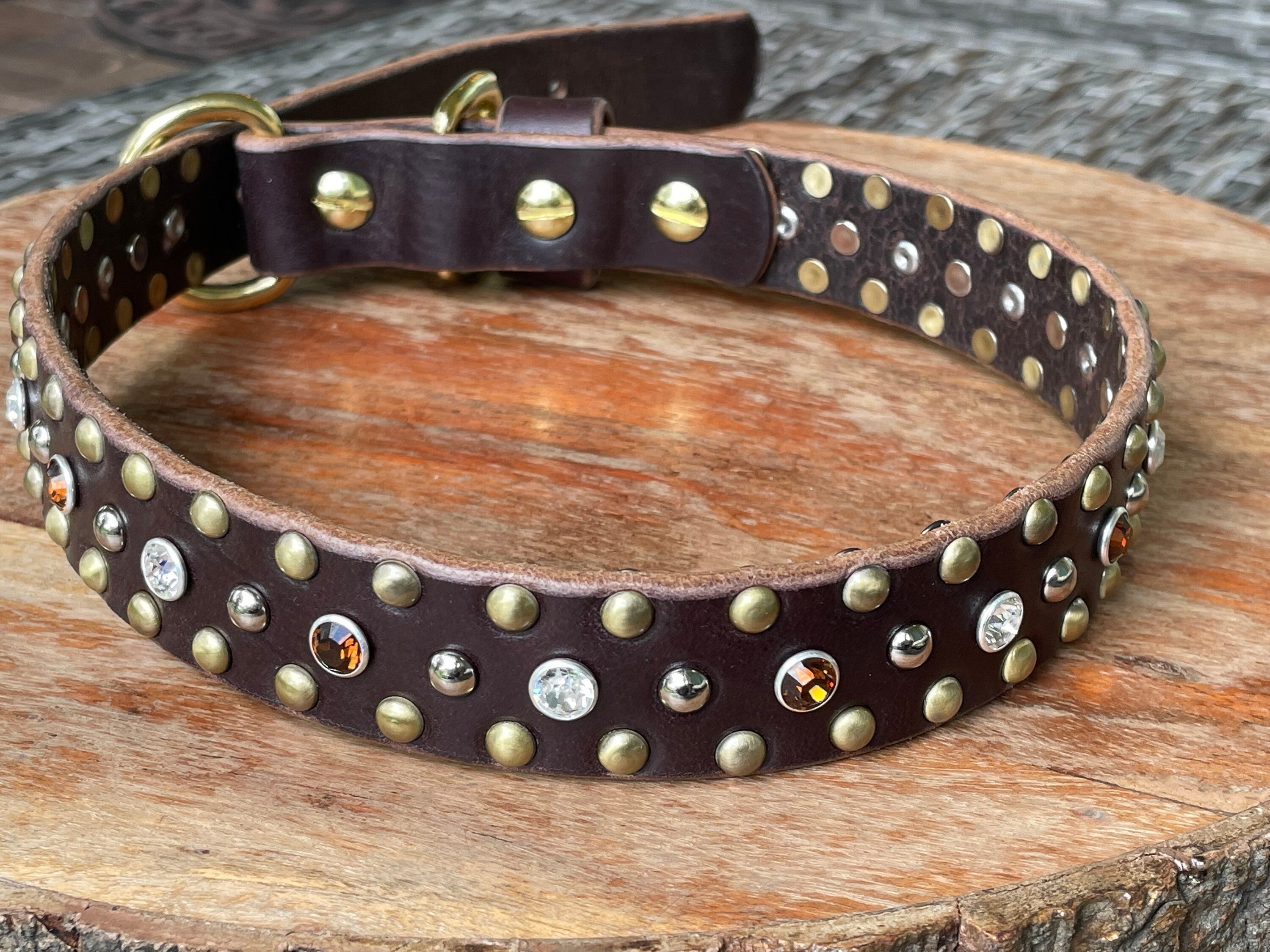 The Imperial – Studded Crystal Leather Dog Collar 1" | Brass & Nickel Hardware | Handmade Luxury