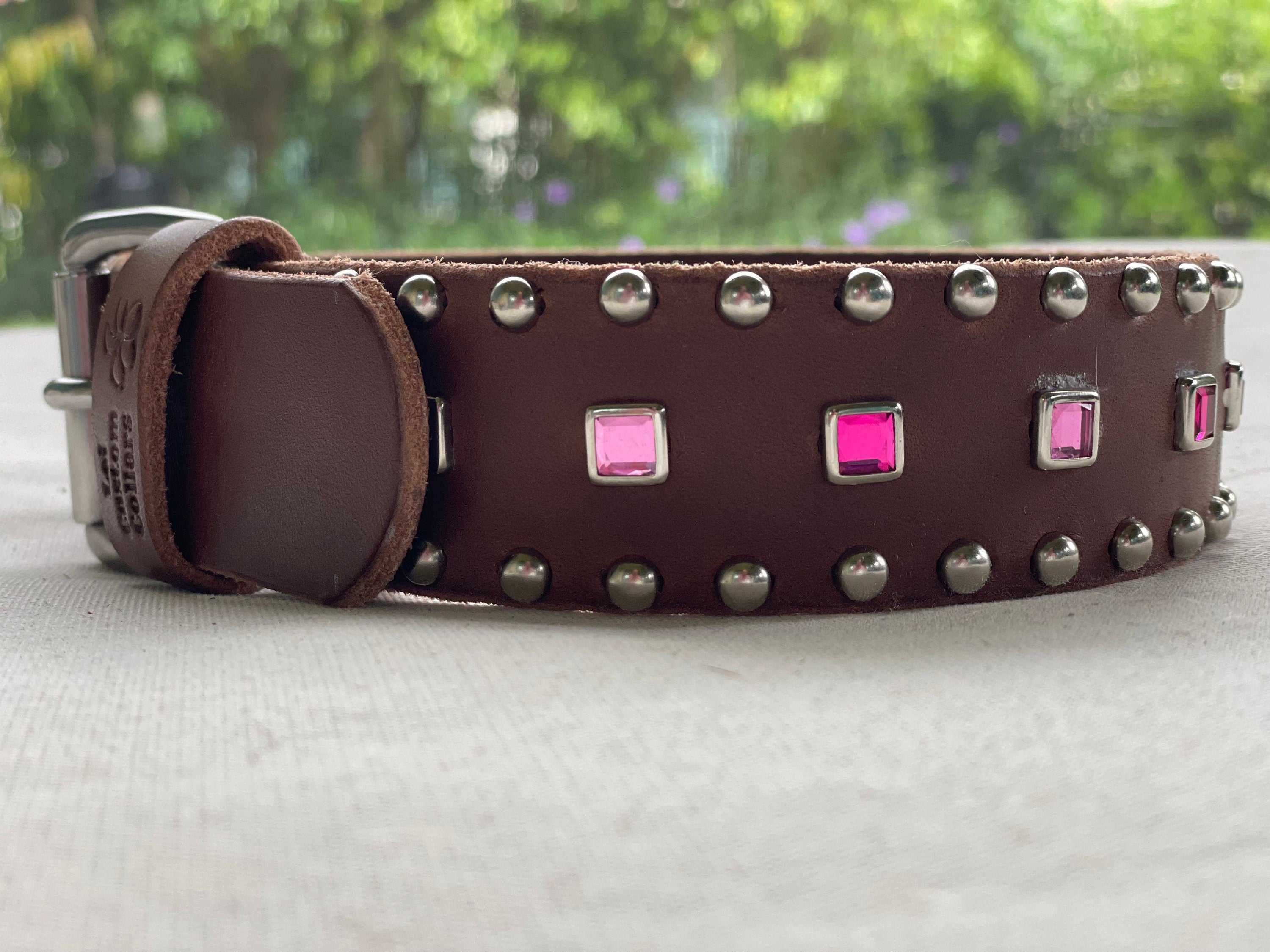 Baryte Square Jewel Leather Dog Collar – 1.5" Large Dog Collar with Nickel Nameplate