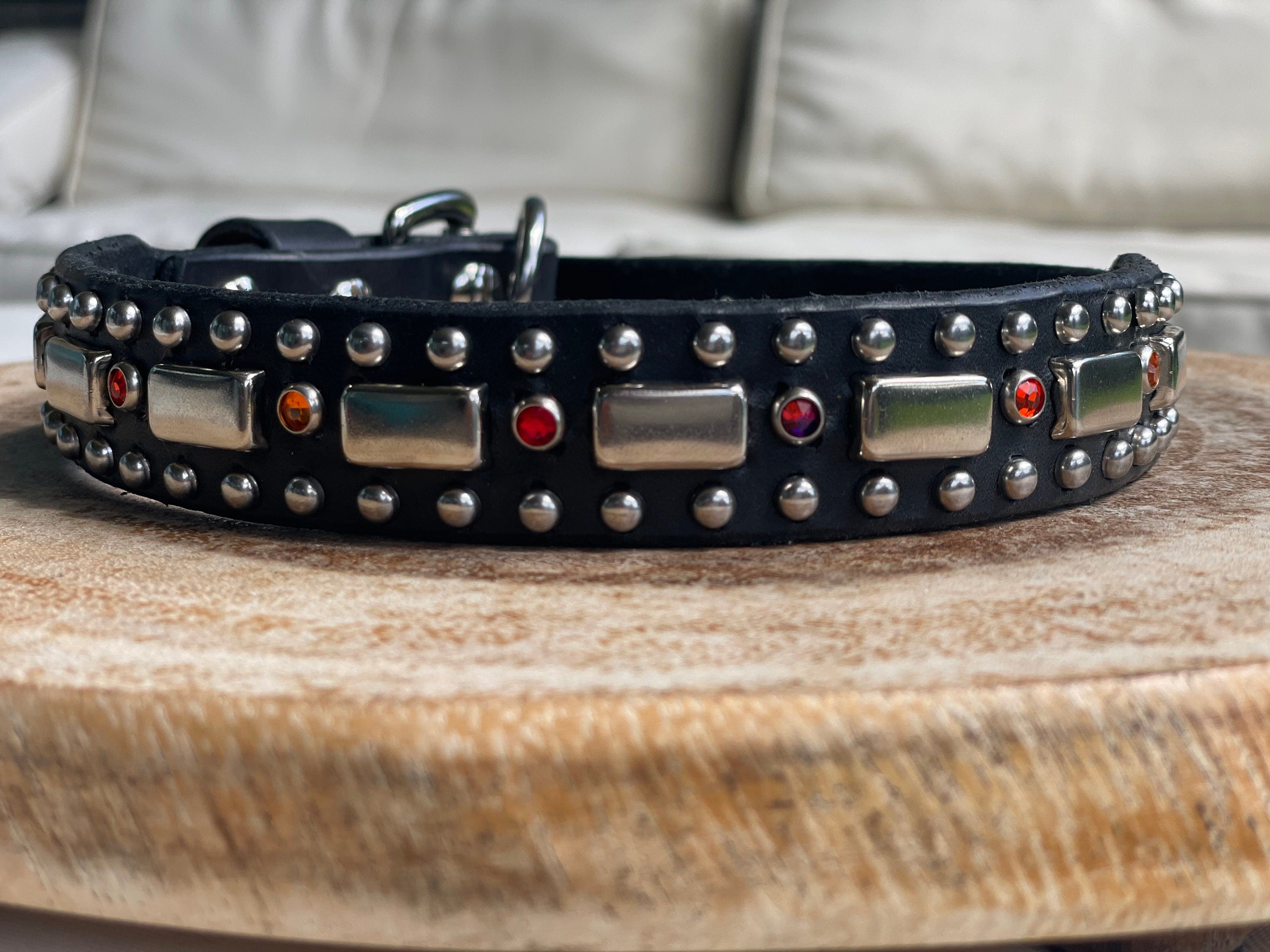 Attis Leather Dog Collar – 1" Crystal & Nickel Spots Statement Dog Collar – Optional Nameplate