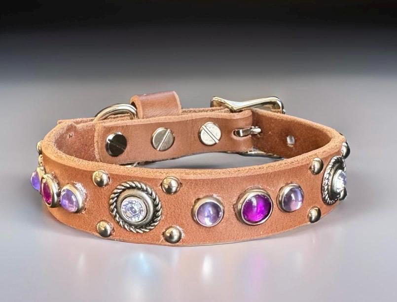 Grapevine Leather Dog Collar – 3/4" Celtic Concho Small Dog Collar with Crystals & Cabochons – Optional Nameplate