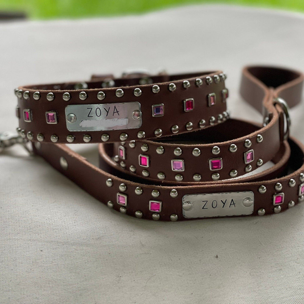 Baryte Square Jewel Leather Dog Collar – 1.5" Large Dog Collar with Nickel Nameplate