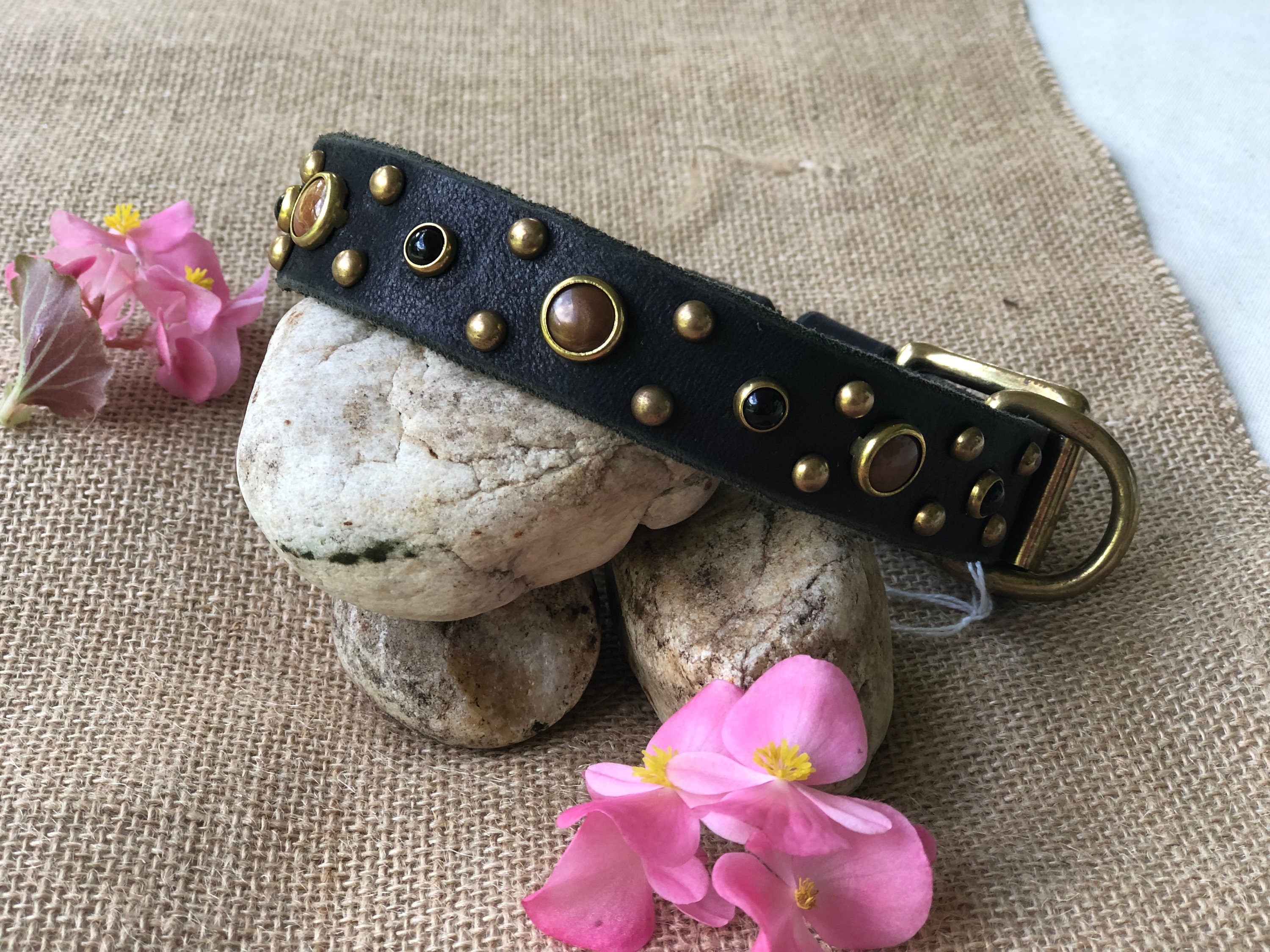Tiger’s Eye & Onyx Leather Dog Collar – Handmade Natural Stone Dog Collar with Brass, Antique Brass, Nickel, or Matte Black Hardware