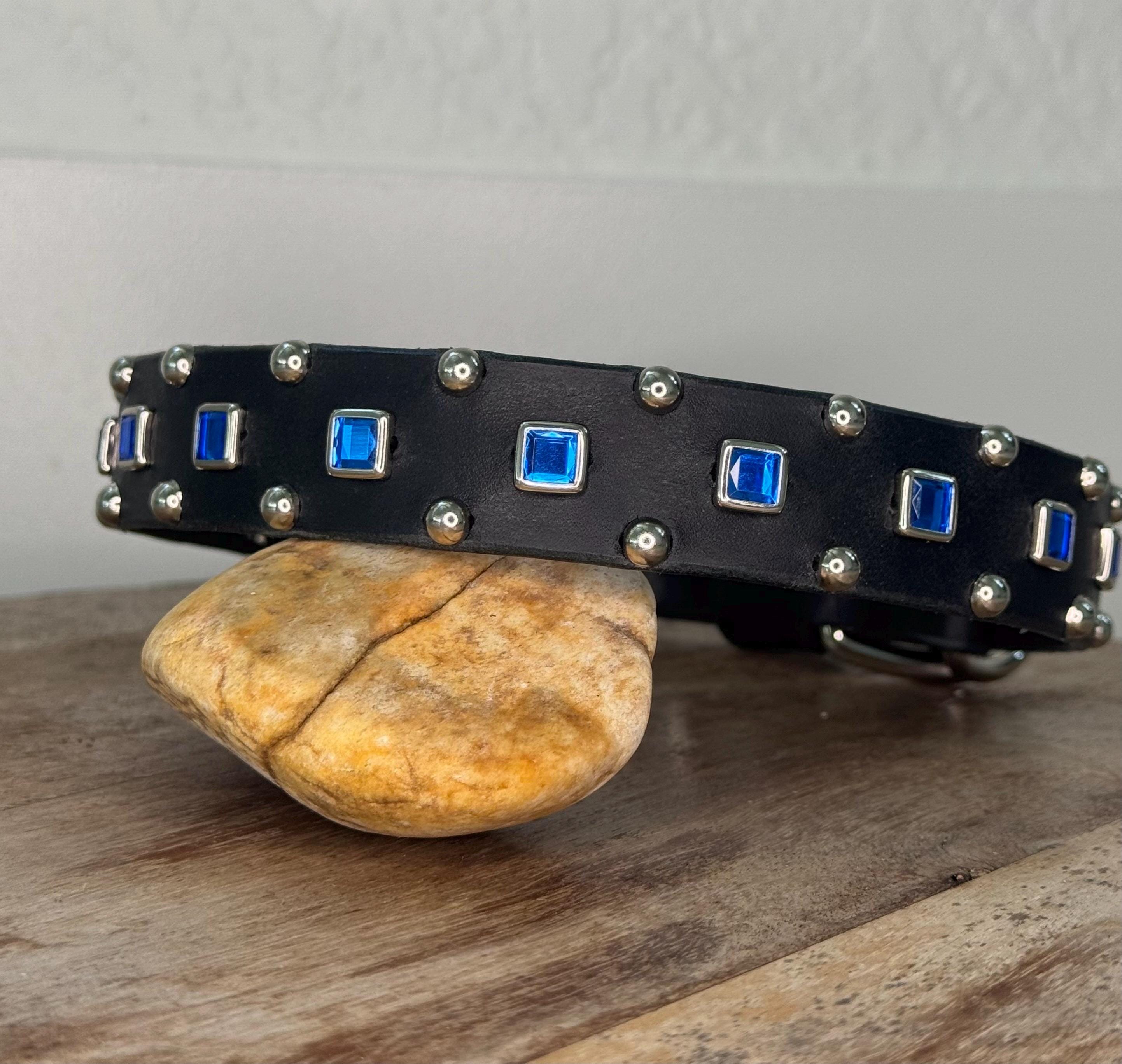 Baryte Square Jewel Leather Dog Collar – 1" Medium Dog Collar with Nickel Nameplate