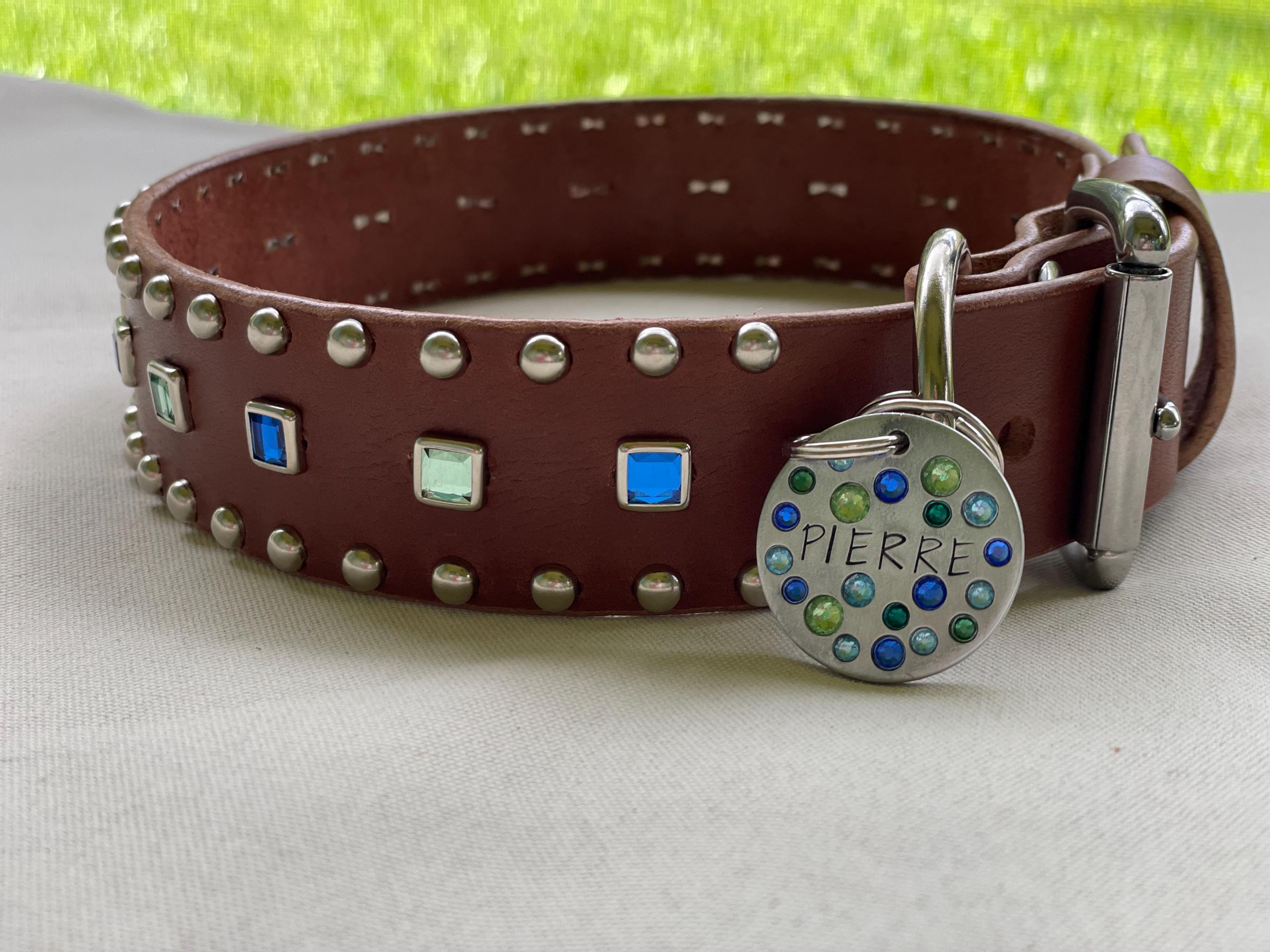 Baryte Square Jewel Leather Dog Collar – 1.5" Large Dog Collar with Nickel Nameplate