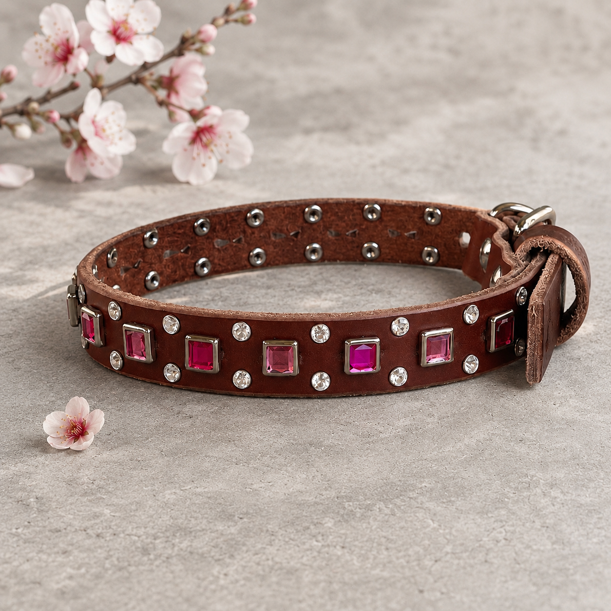 Baryte Square Jewel and crystal studs Leather Dog Collar – 3/4" Small Dog Collar with Nickel Nameplate