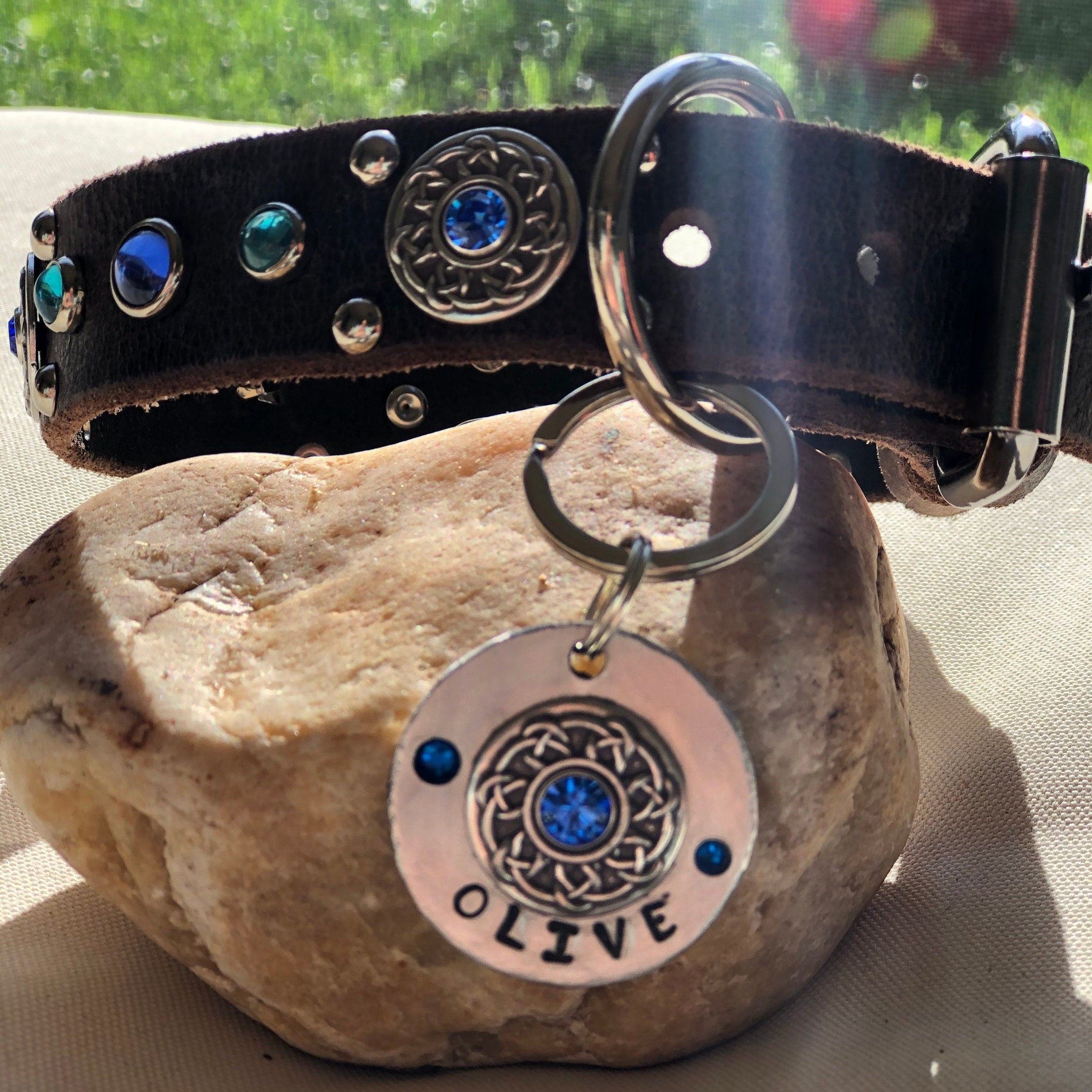 Dog collar with decorative tag on a rock