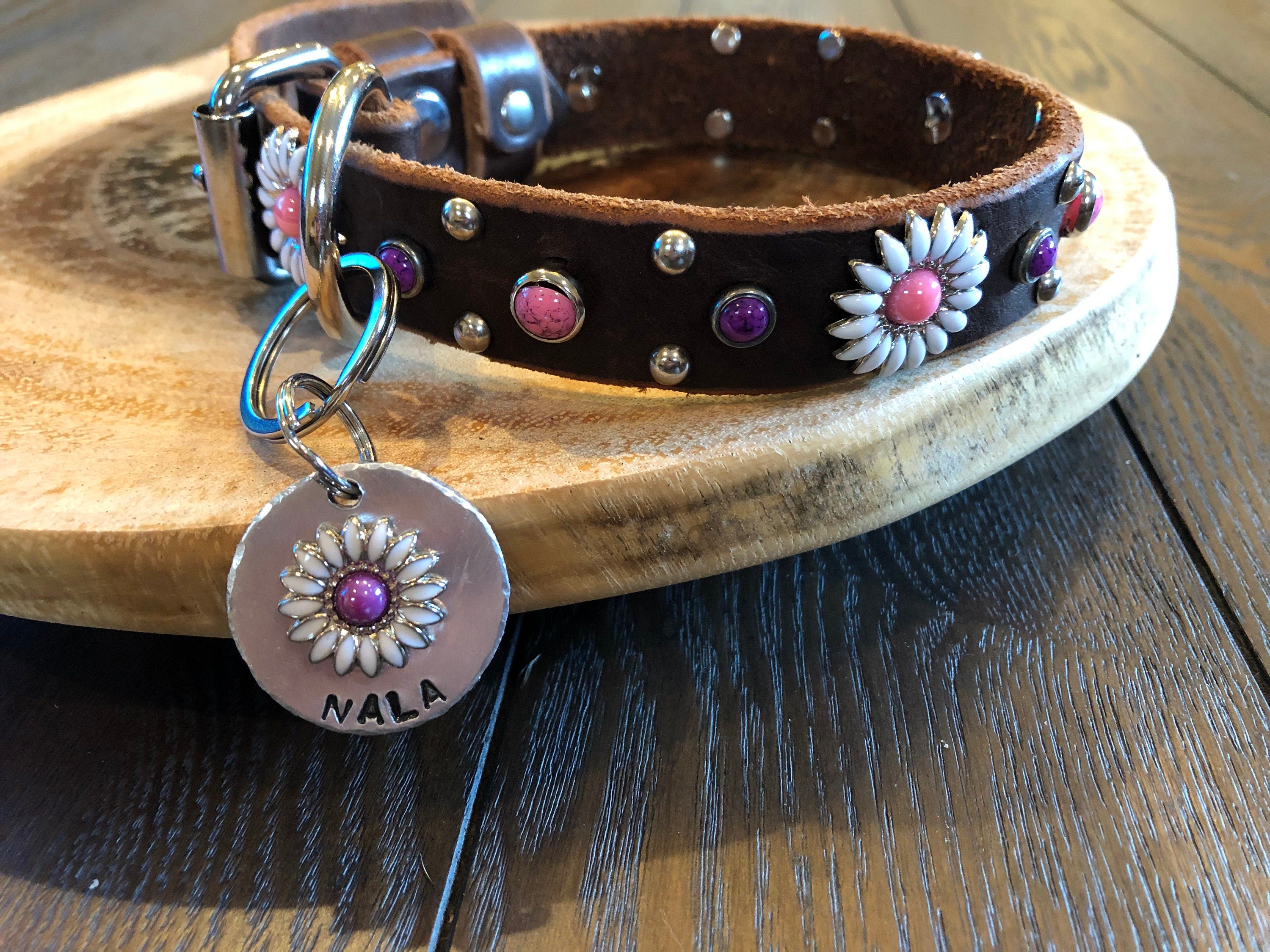 Daisy Leather Dog Collar – 1” Floral Collar with Marble Stones & Optional Nameplate