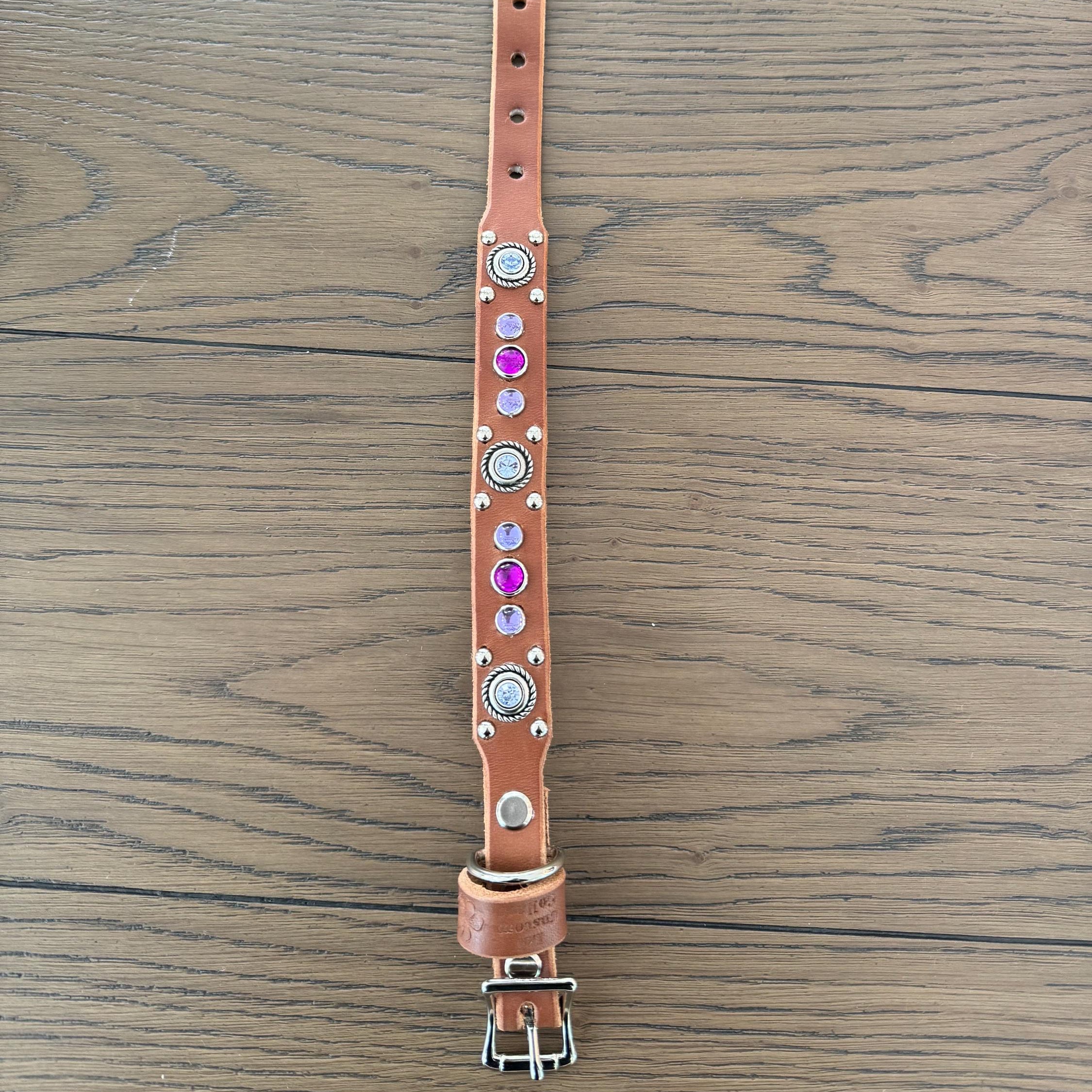 Grapevine Leather Dog Collar – 3/4" Celtic Concho Small Dog Collar with Crystals & Cabochons – Optional Nameplate