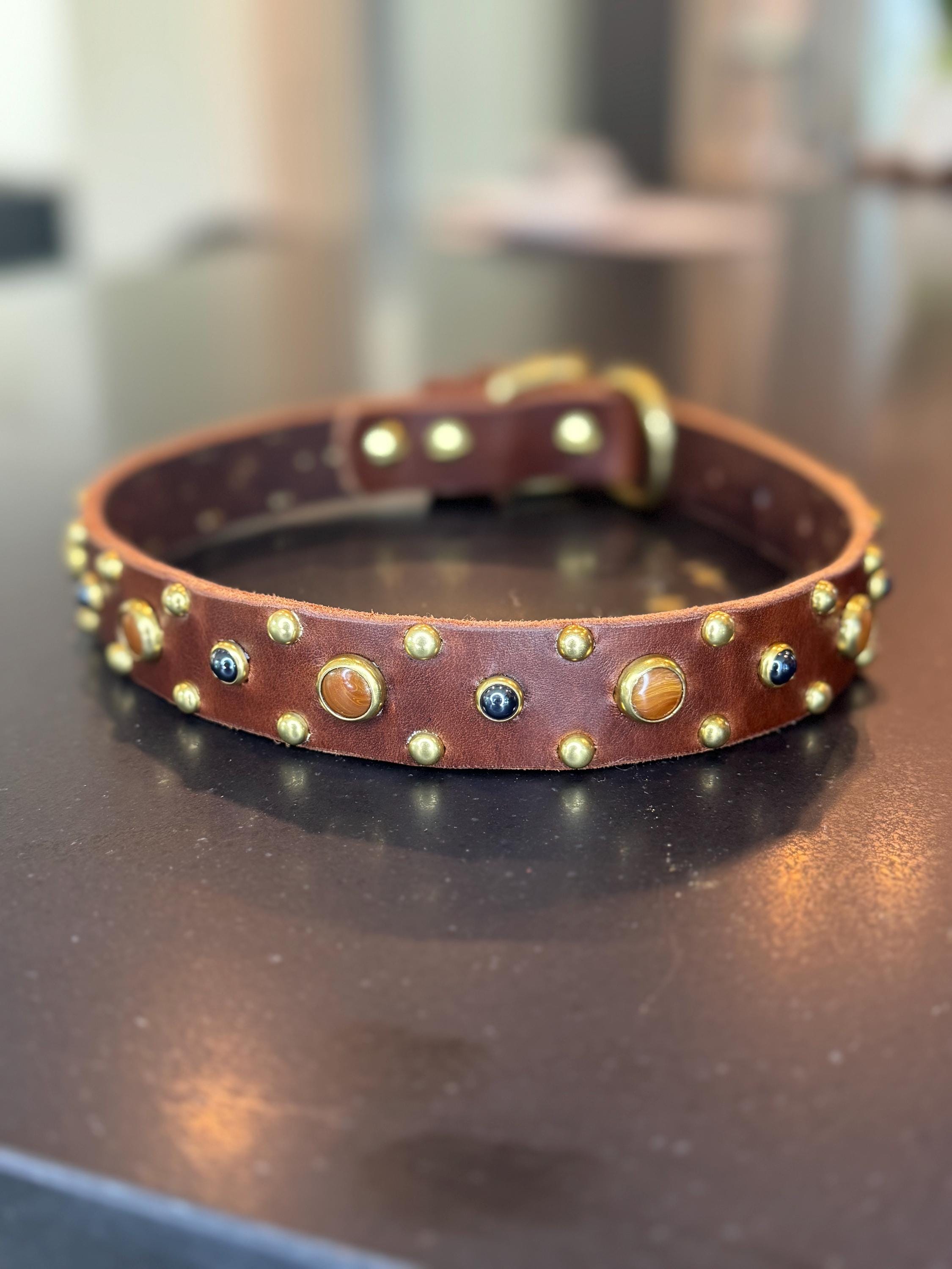 Tiger’s Eye & Onyx Leather Dog Collar – Handmade Natural Stone Dog Collar with Brass, Antique Brass, Nickel, or Matte Black Hardware