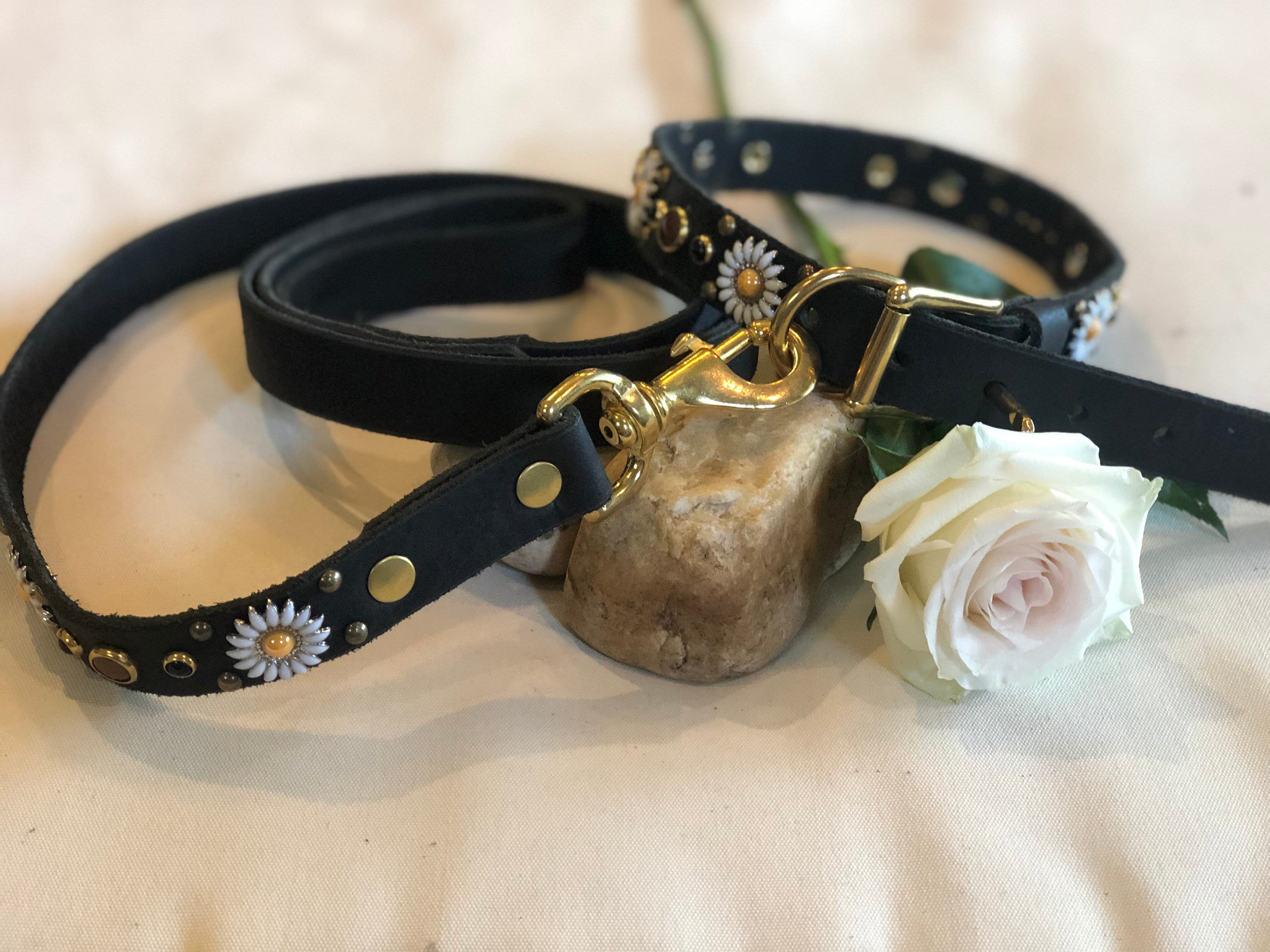 Daisy Leather Dog Collar – 1” Floral Collar with Marble Stones & Optional Nameplate