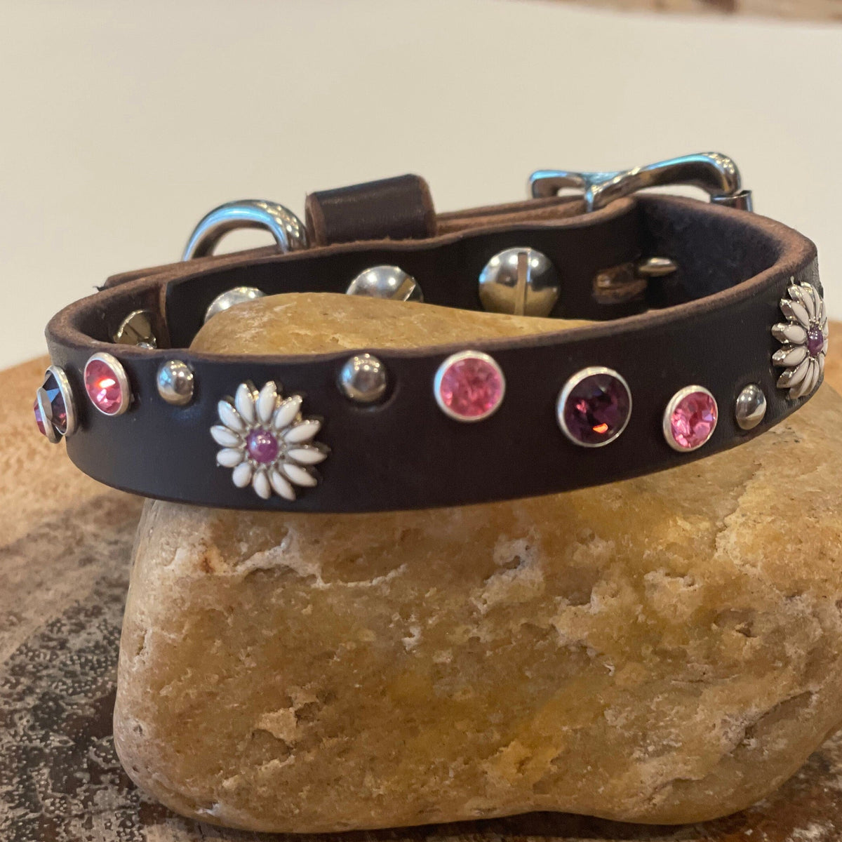 Daisy Crystal Leather Dog Collar – 5/8” Wide, Curved Crystal Design
