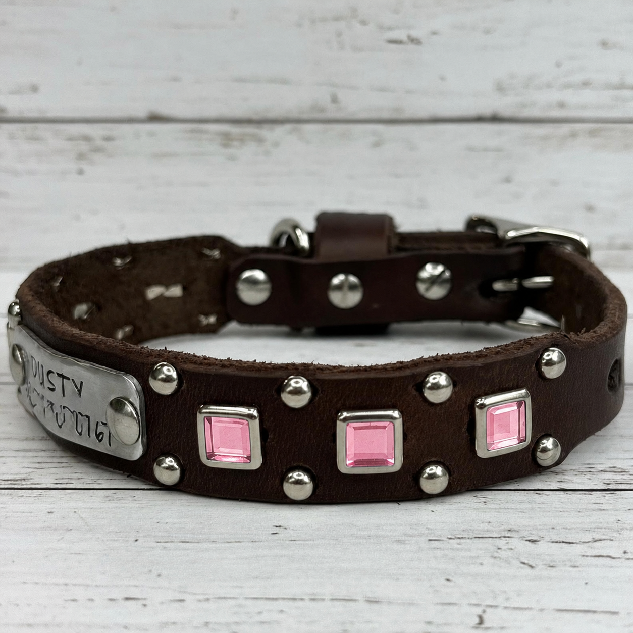 Baryte Square Jewel Leather Dog Collar – 3/4" Small Dog Collar with Nickel Nameplate