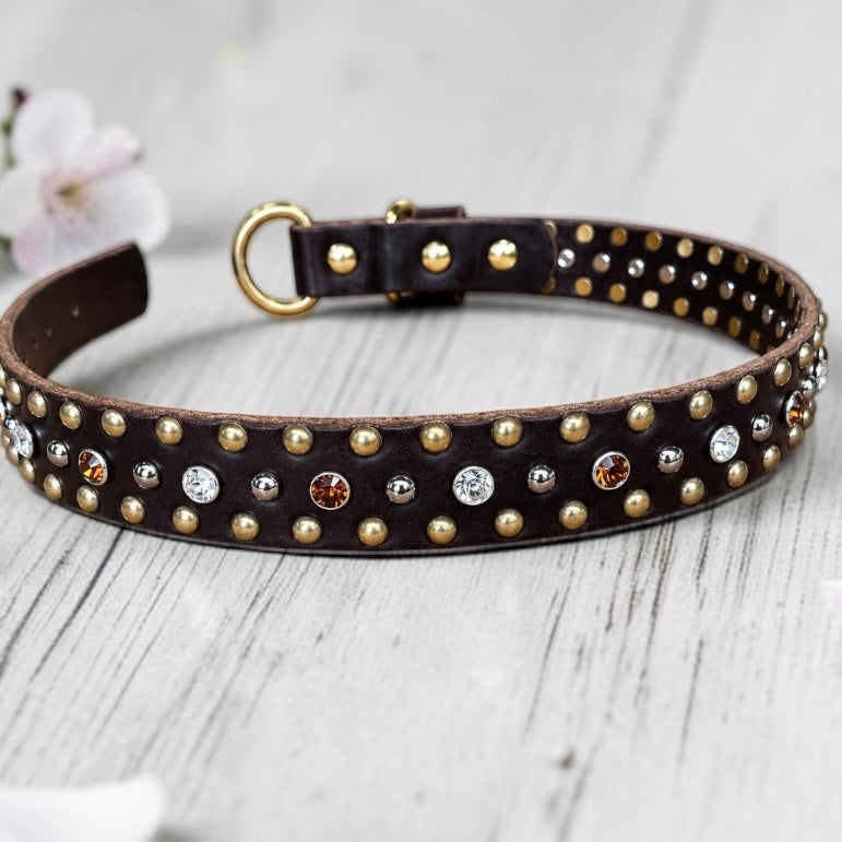 The Imperial – Studded Crystal Leather Dog Collar 1" | Brass & Nickel Hardware | Handmade Luxury