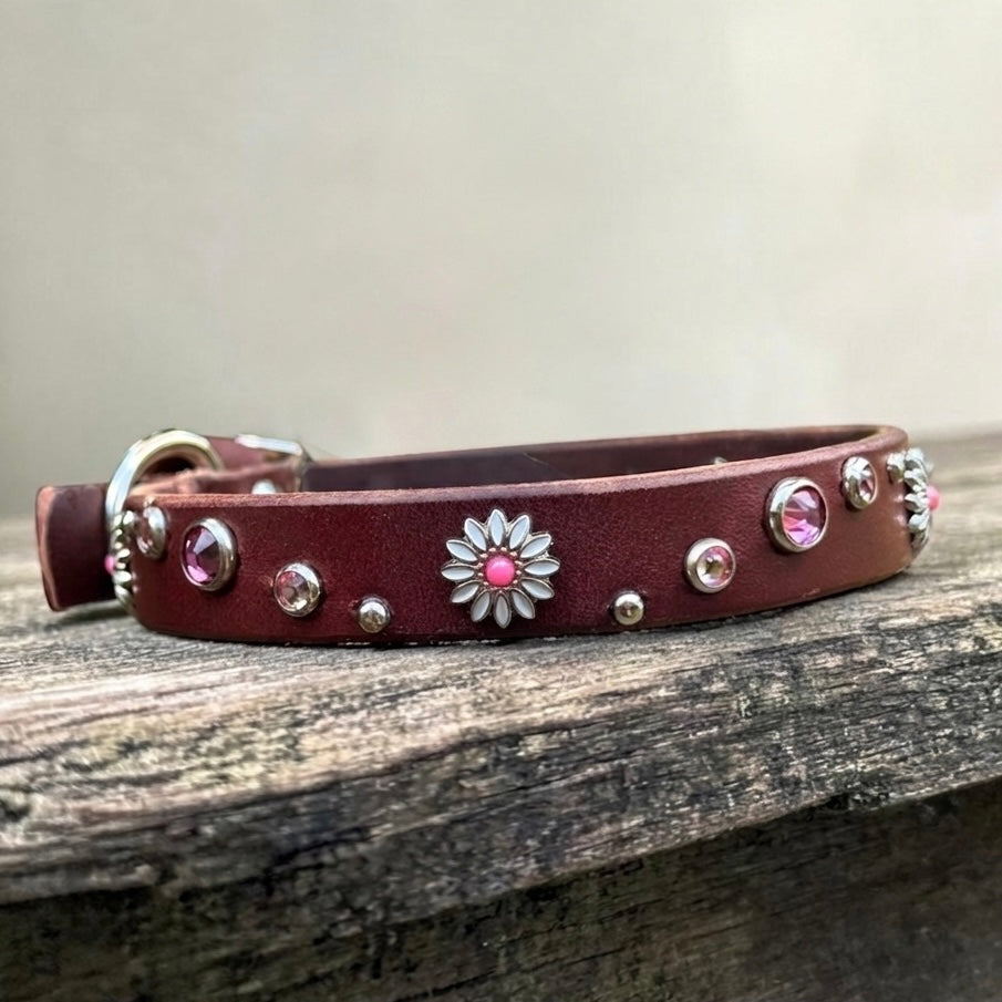Daisy Crystal Leather Dog Collar – 5/8” Wide, Curved Crystal Design
