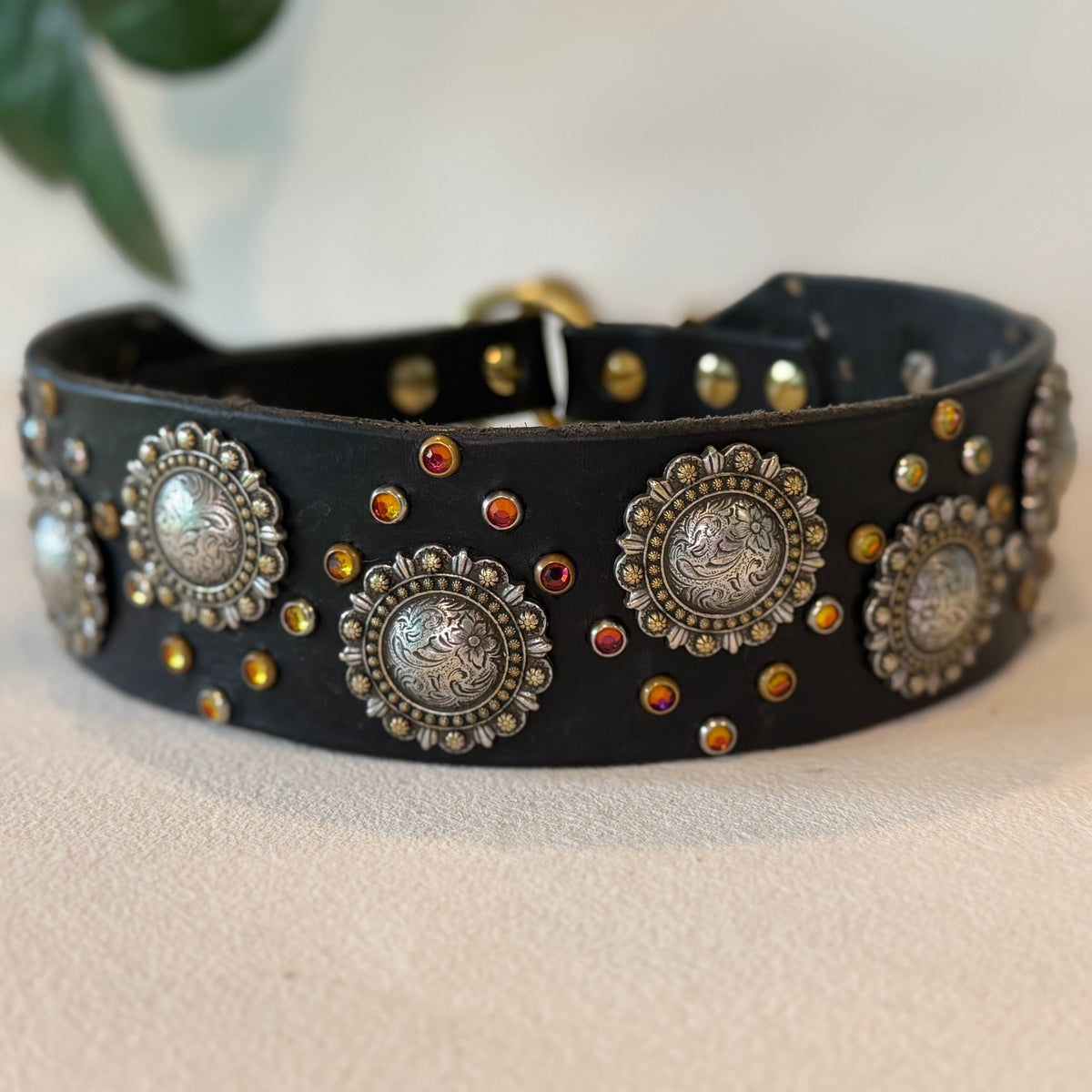 2" Berry Concho Swarovski Crystal Leather Dog Collar