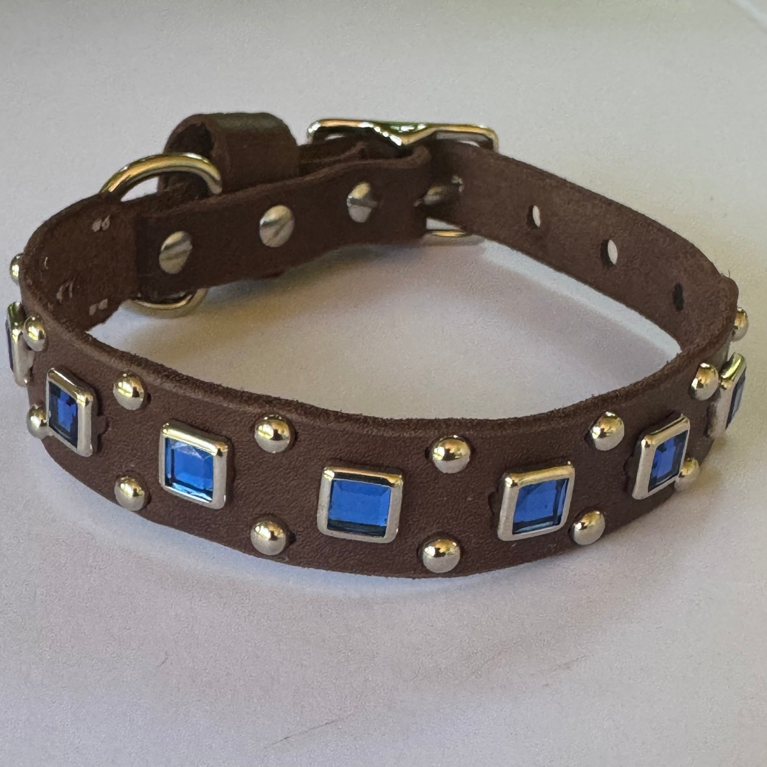 Baryte Square Jewel Leather Dog Collar – 3/4" Small Dog Collar with Nickel Nameplate