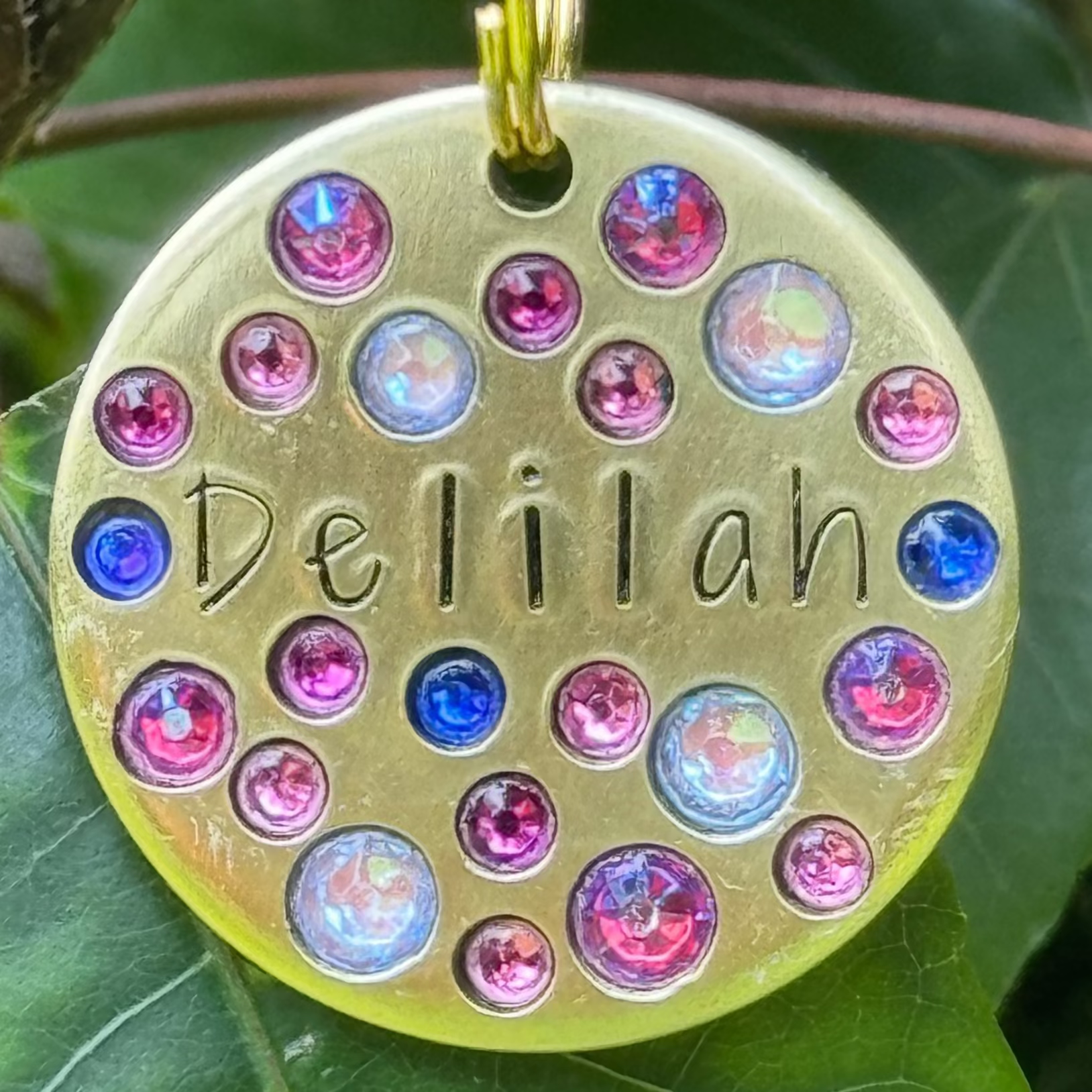 Gold dog tag with colorful stones and 'Delilah' engraved, hanging on a branch with leaves.