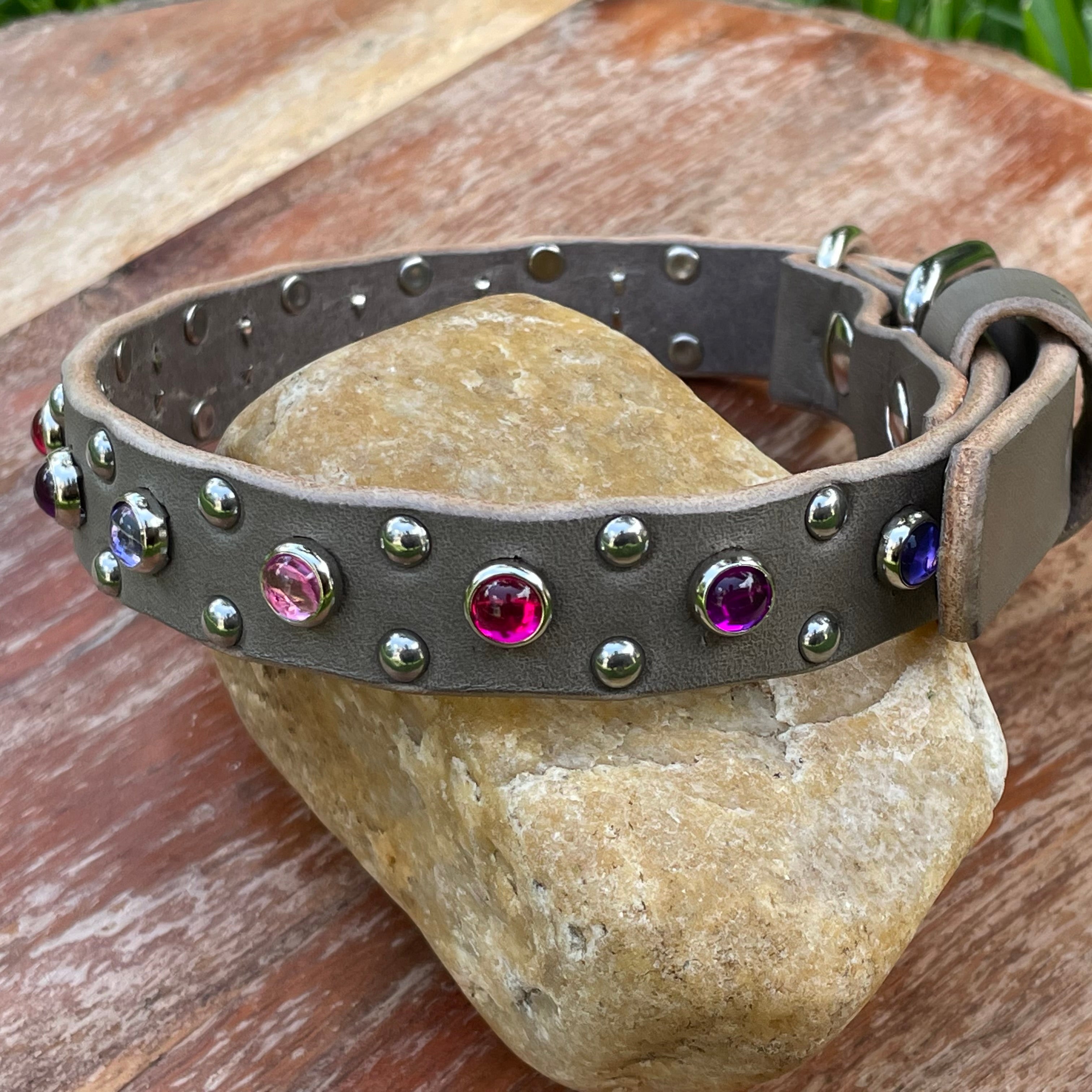 The Aurora Collar | Jeweled Leather Dog Collar 3/4" | Custom Crystal & Cabochon Collar for Small Dogs, Girl Dog Collar