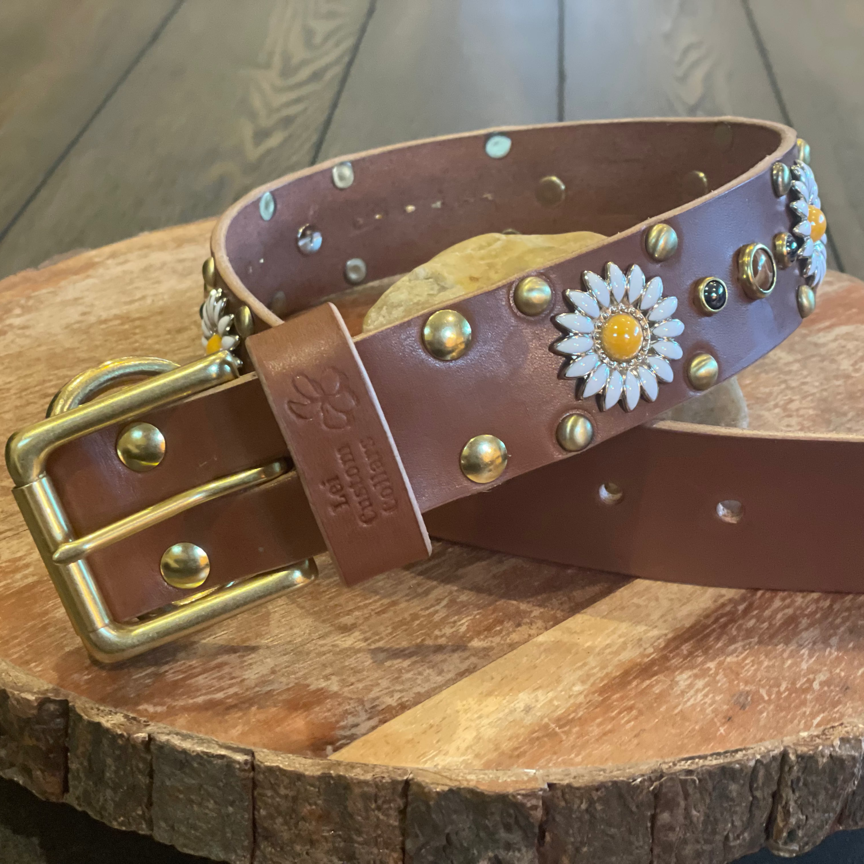 Premium brown leather dog collar with heavy brass buckle, embossed leather keeper, daisy flower conchos, and metal rivet detailing, handcrafted custom pet collar displayed on rustic wood
