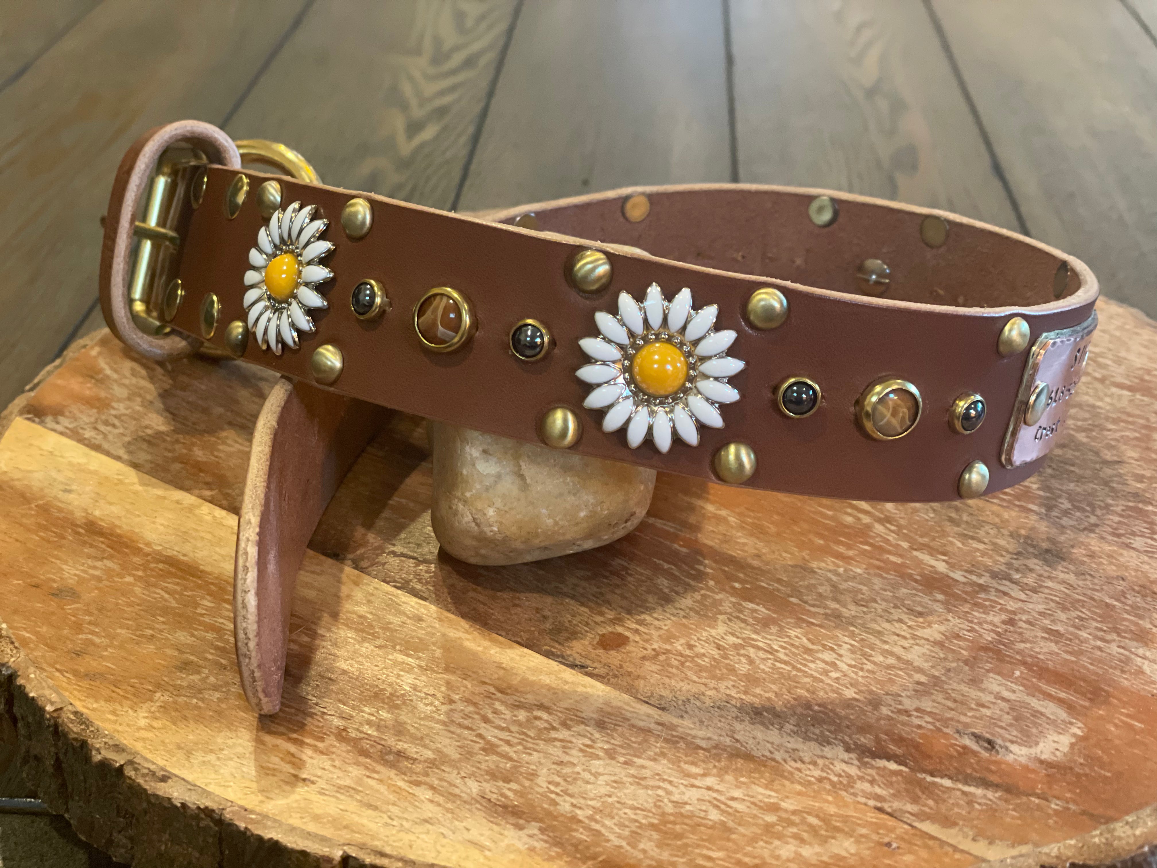 Wide brown leather dog collar with brass hardware, white daisy floral conchos, mixed metal rivets, and hand-set stone details, premium handcrafted pet collar styled on wood and stone.