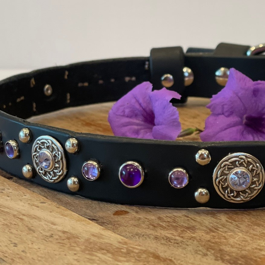 Grapevine Leather Dog Collar – 1" Celtic Concho Dog Collar with Crystals & Cabochons – Optional Nameplat