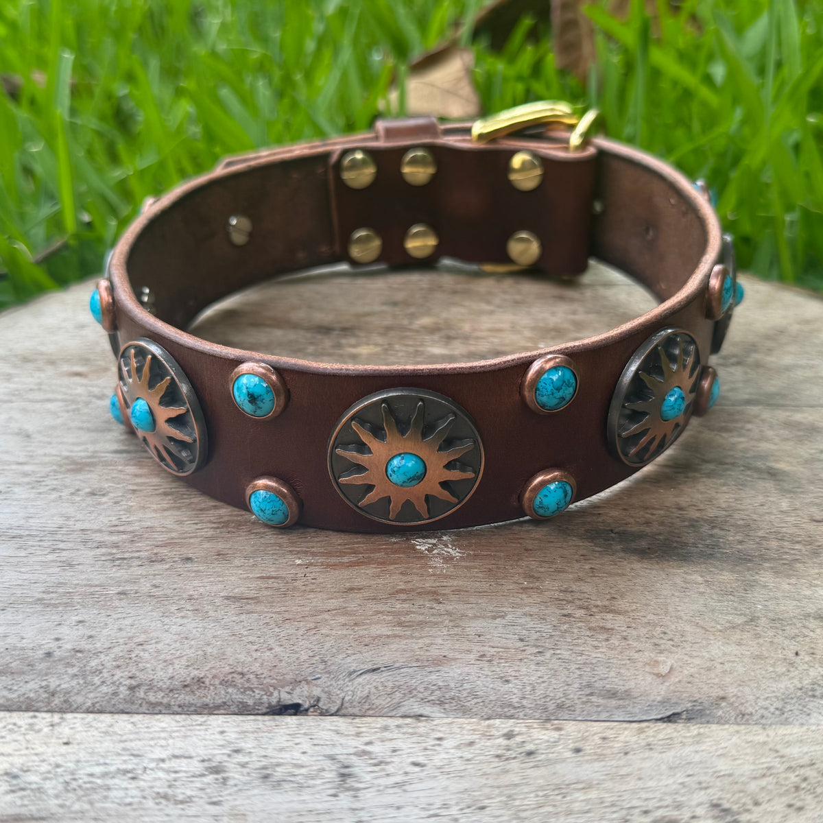 A brown leather dog collar with bronze-toned metal studs, turquoise blue accents, and a gold-tone buckle, resting on a weathered wooden surface with green grass in the background.