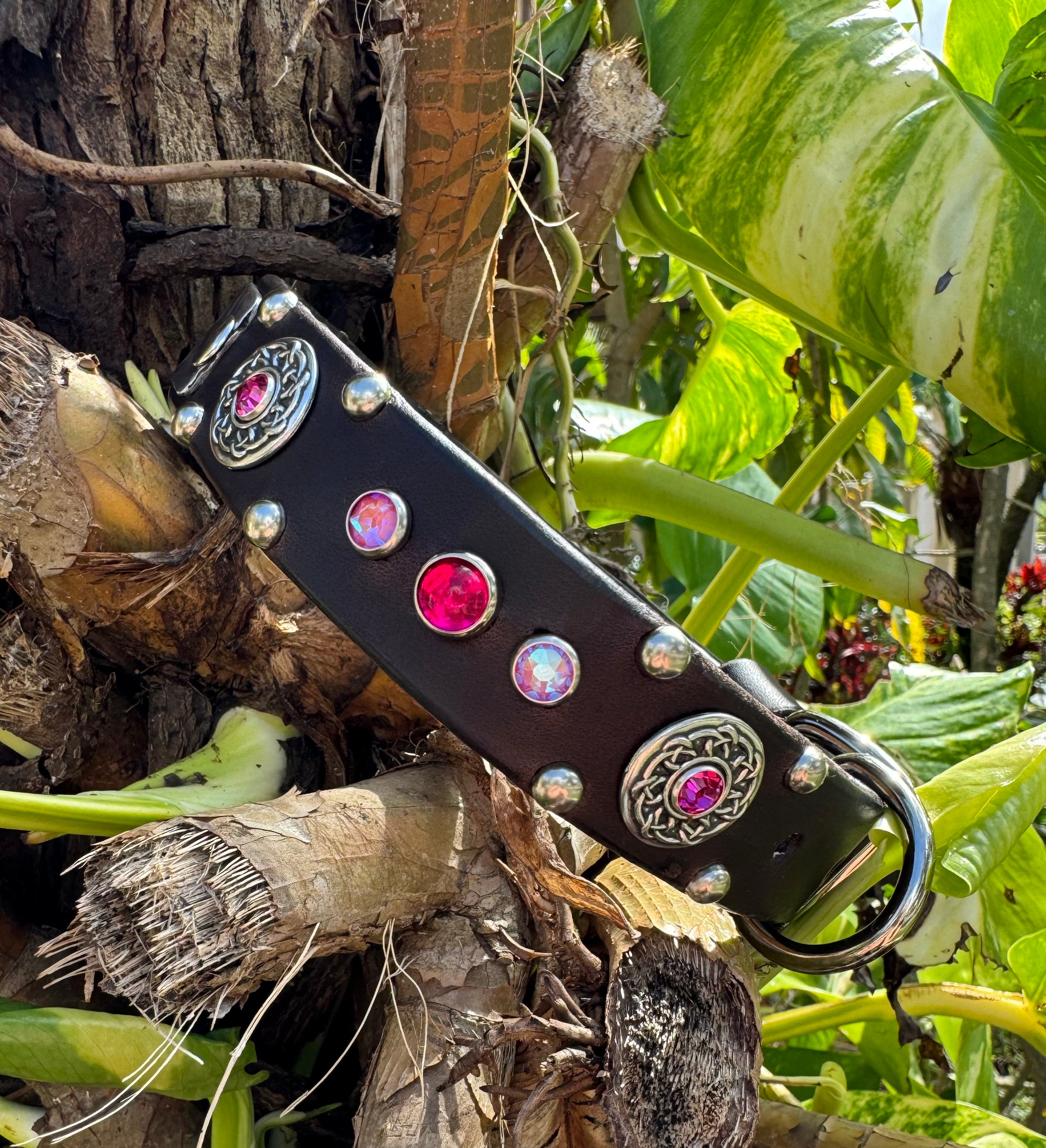 Grapevine Leather Dog Collar – 1" Celtic Concho Dog Collar with Crystals & Cabochons – Optional Nameplat