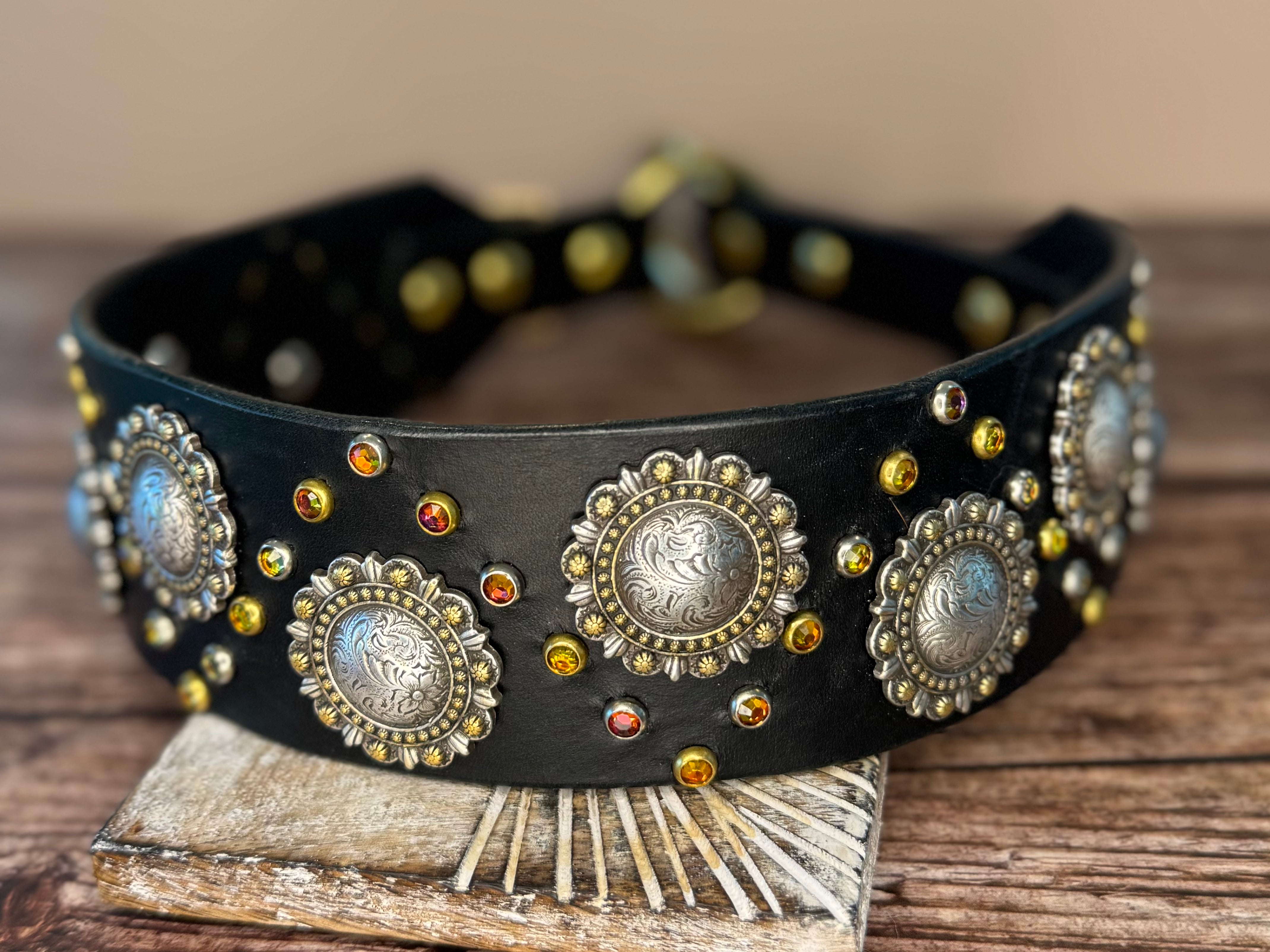 2" Berry Concho Swarovski Crystal Leather Dog Collar