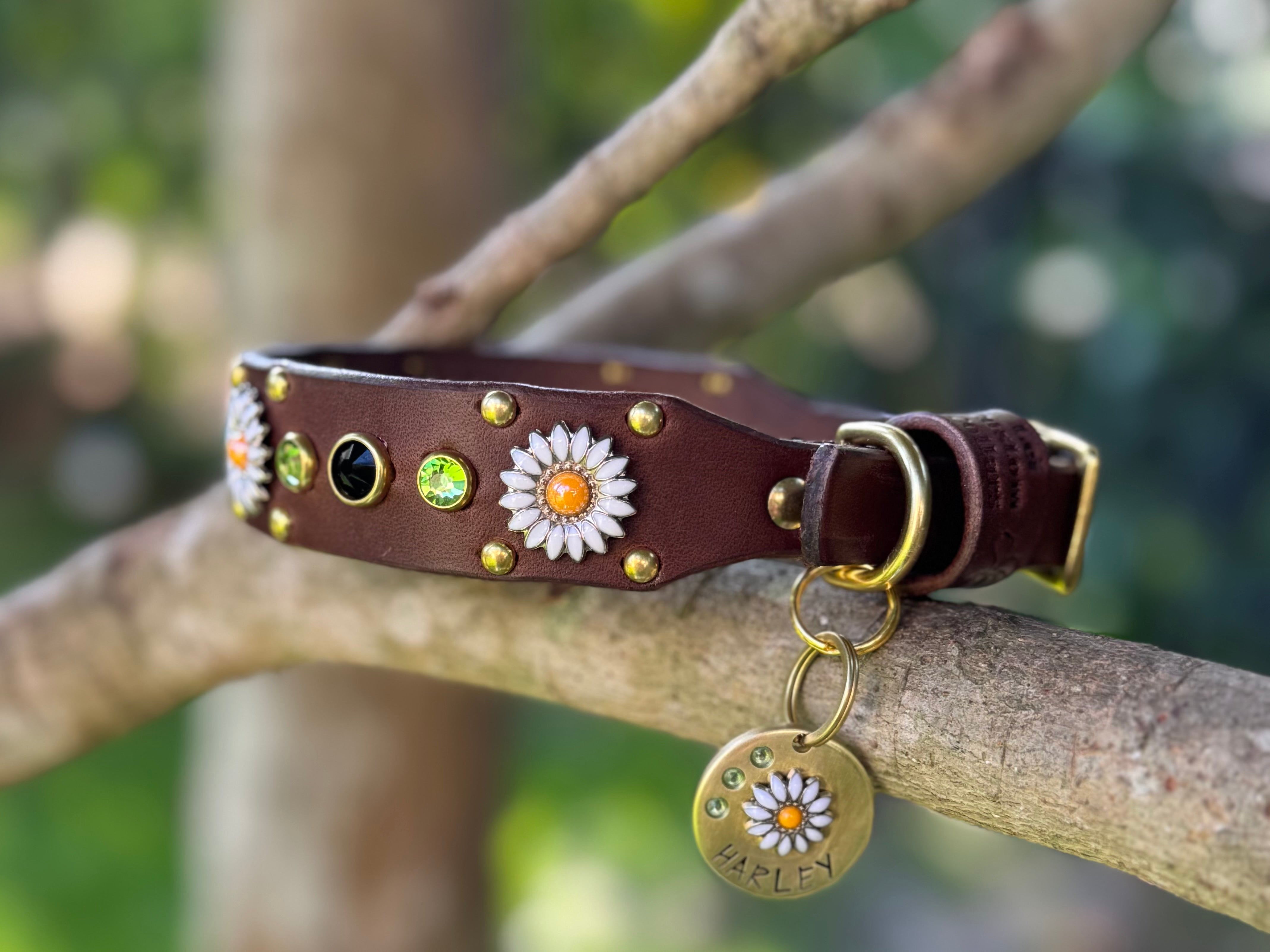 The Daisy Collar – 1" Leather Dog Collar | Cabochon Crystal Daisy Concho