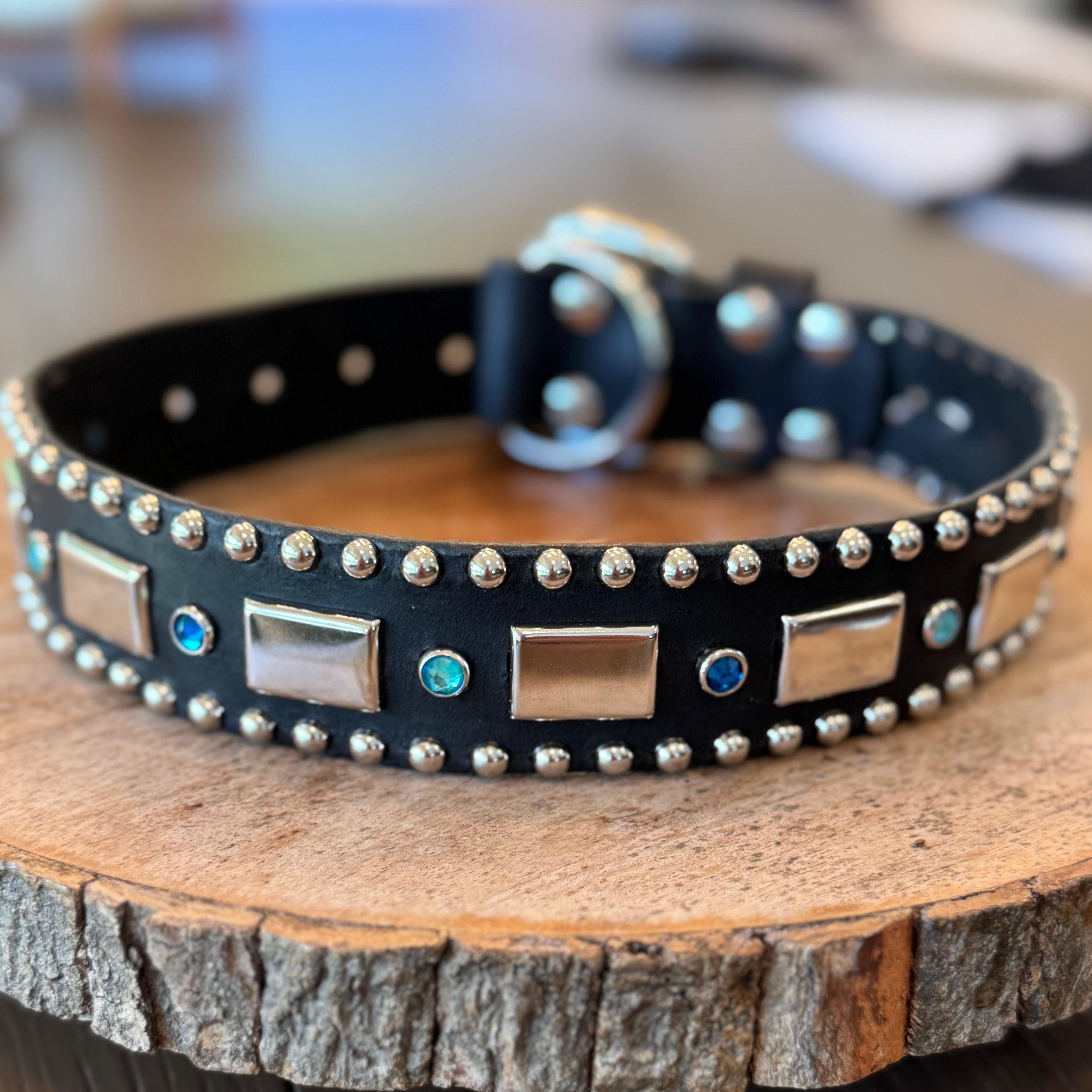 Attis Leather Dog Collar – 1.5" Crystal & Nickel Spots Statement Dog Collar with Personalized Nickel Nameplate