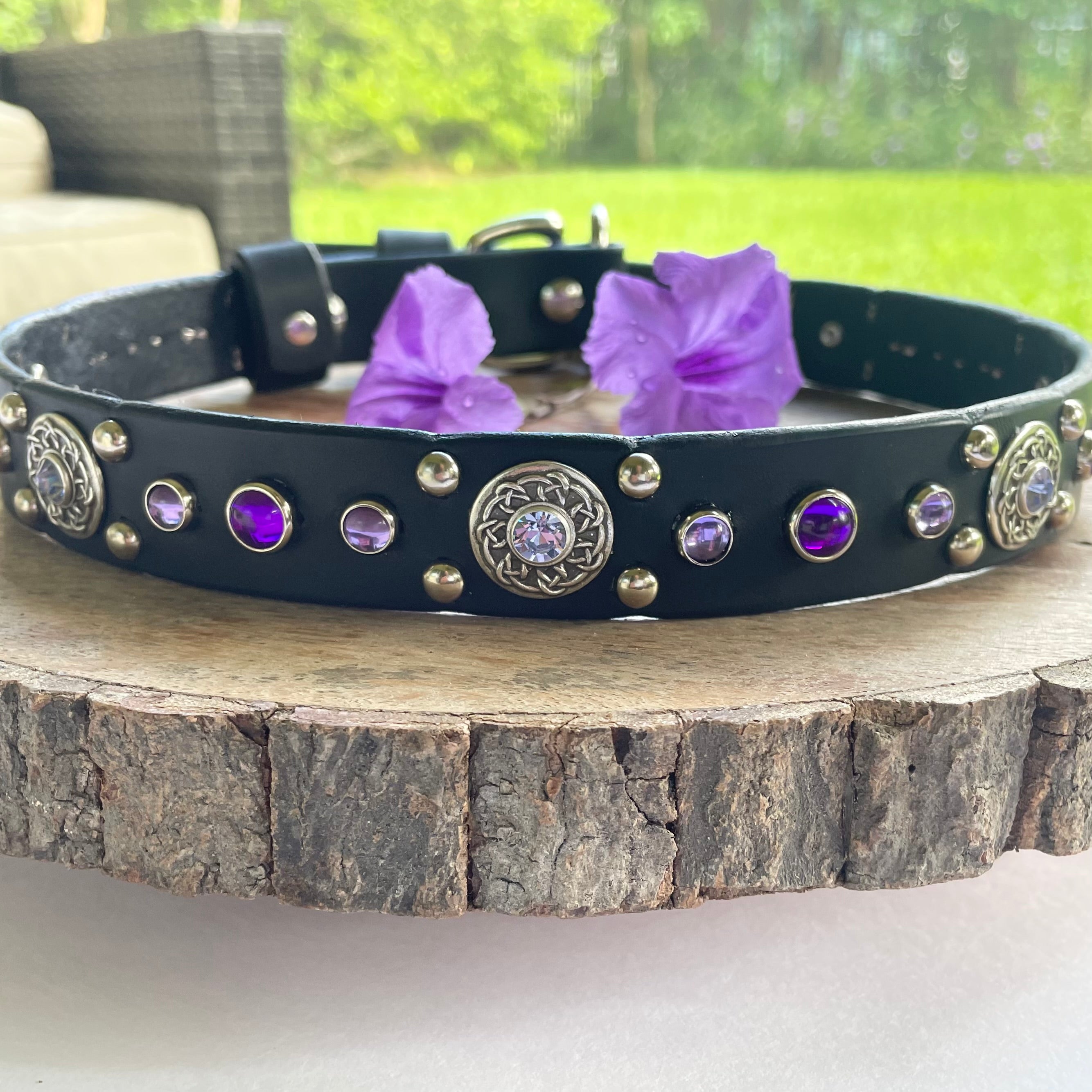 Grapevine Leather Dog Collar – 1" Celtic Concho Dog Collar with Crystals & Cabochons – Optional Nameplat
