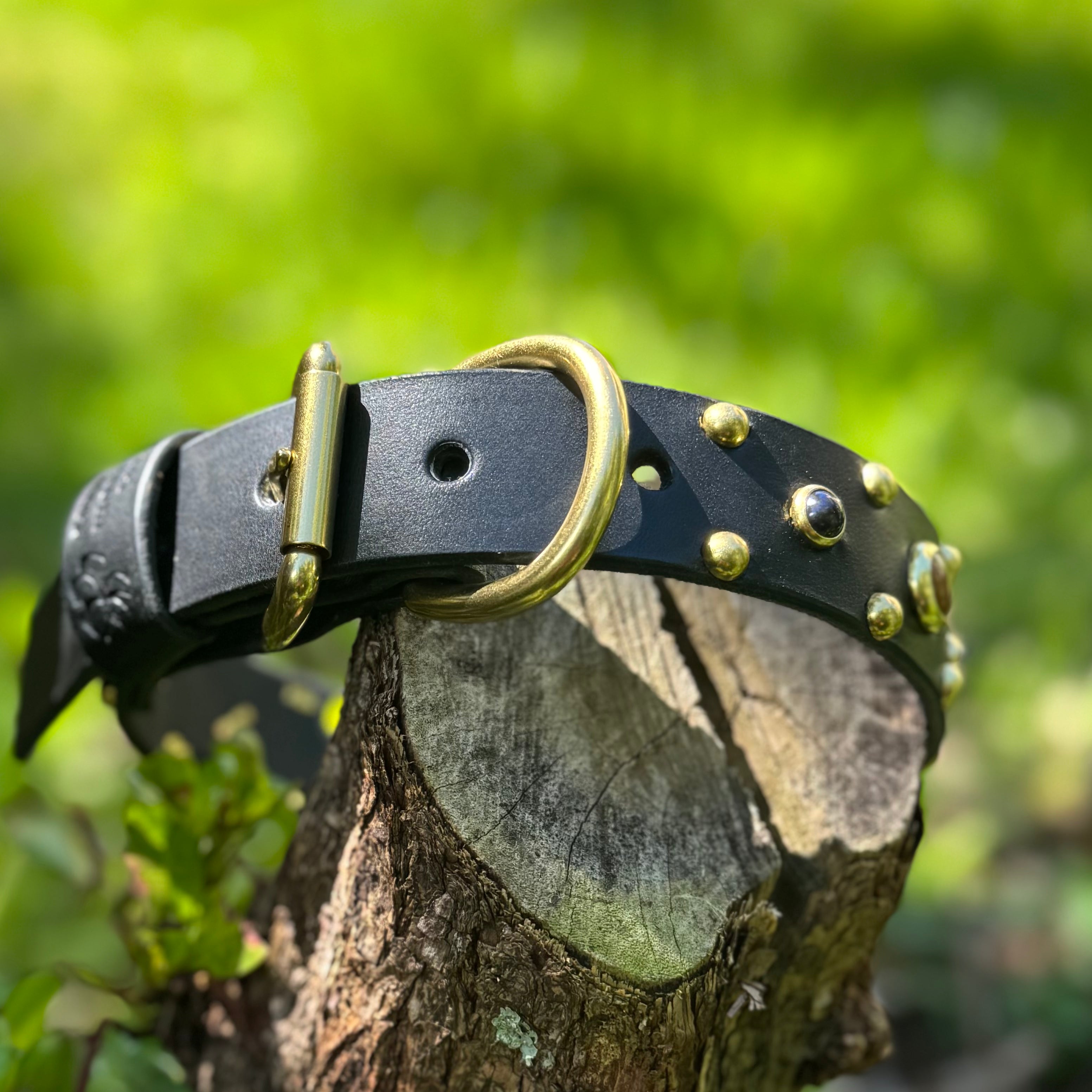 Tiger’s Eye & Onyx Leather Dog Collar – Handmade Natural Stone Dog Collar with Brass, Antique Brass, Nickel, or Matte Black Hardware