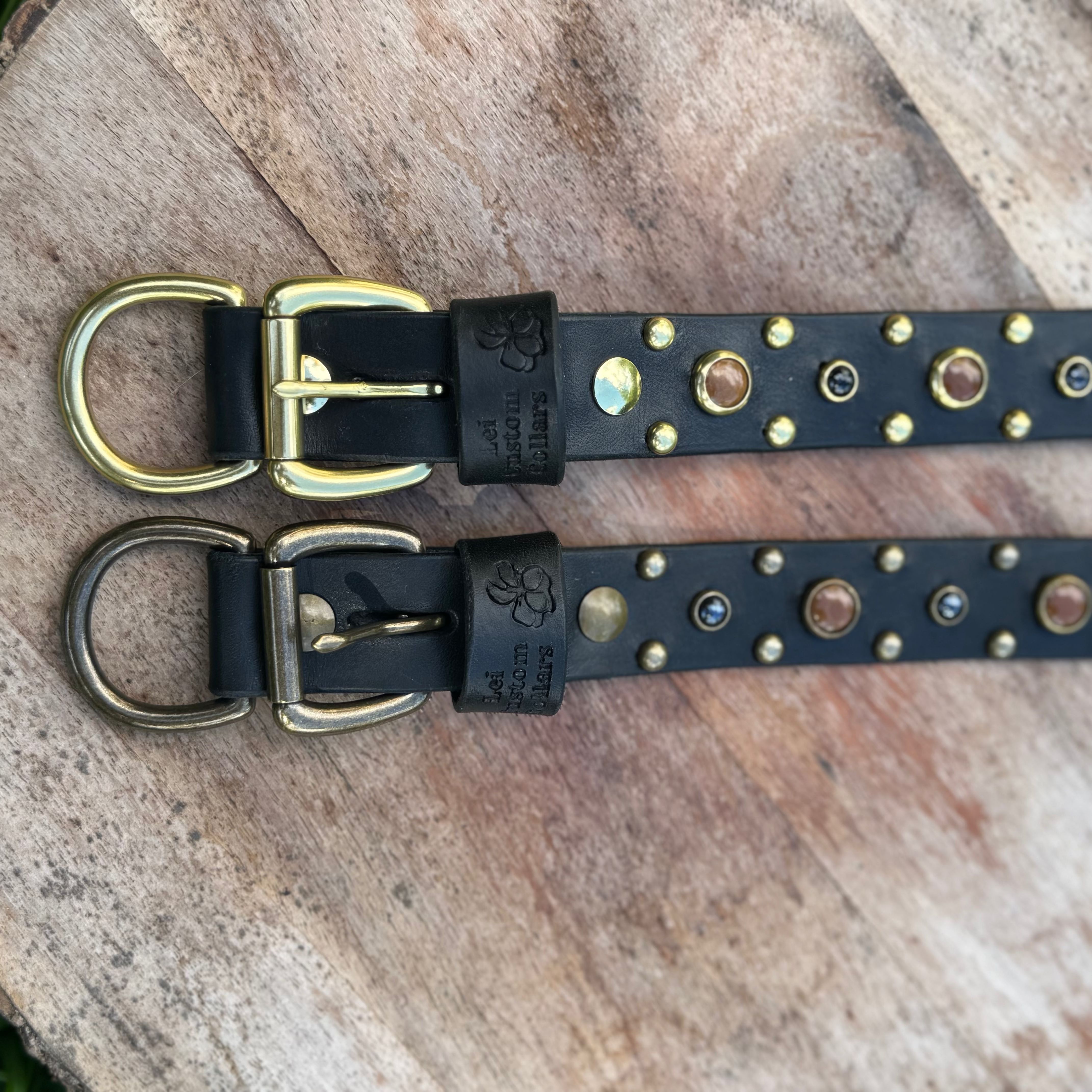 Tiger’s Eye & Onyx Leather Dog Collar – Handmade Natural Stone Dog Collar with Brass, Antique Brass, Nickel, or Matte Black Hardware