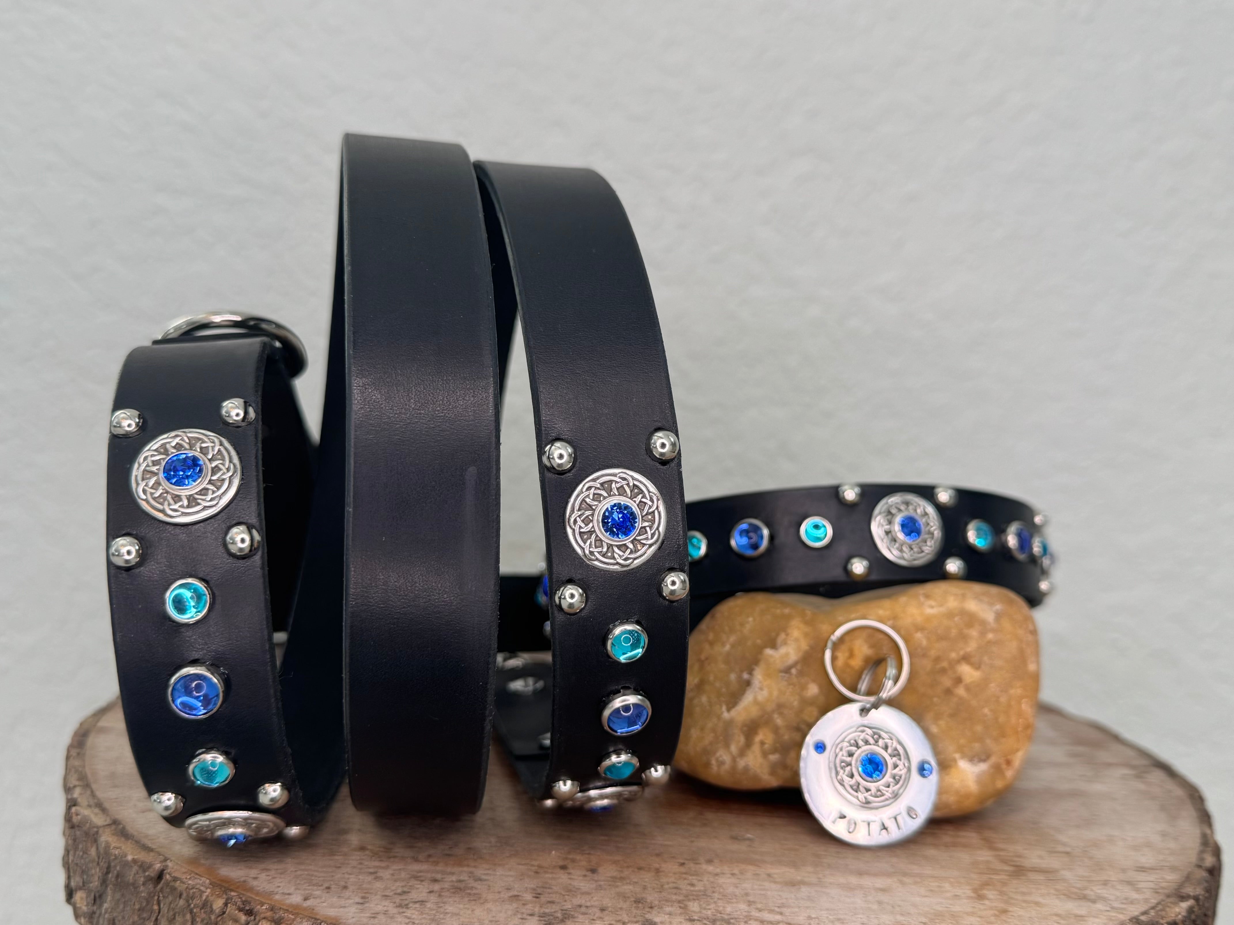 Grapevine Leather Dog Collar – 1" Celtic Concho Dog Collar with Crystals & Cabochons – Optional Nameplat