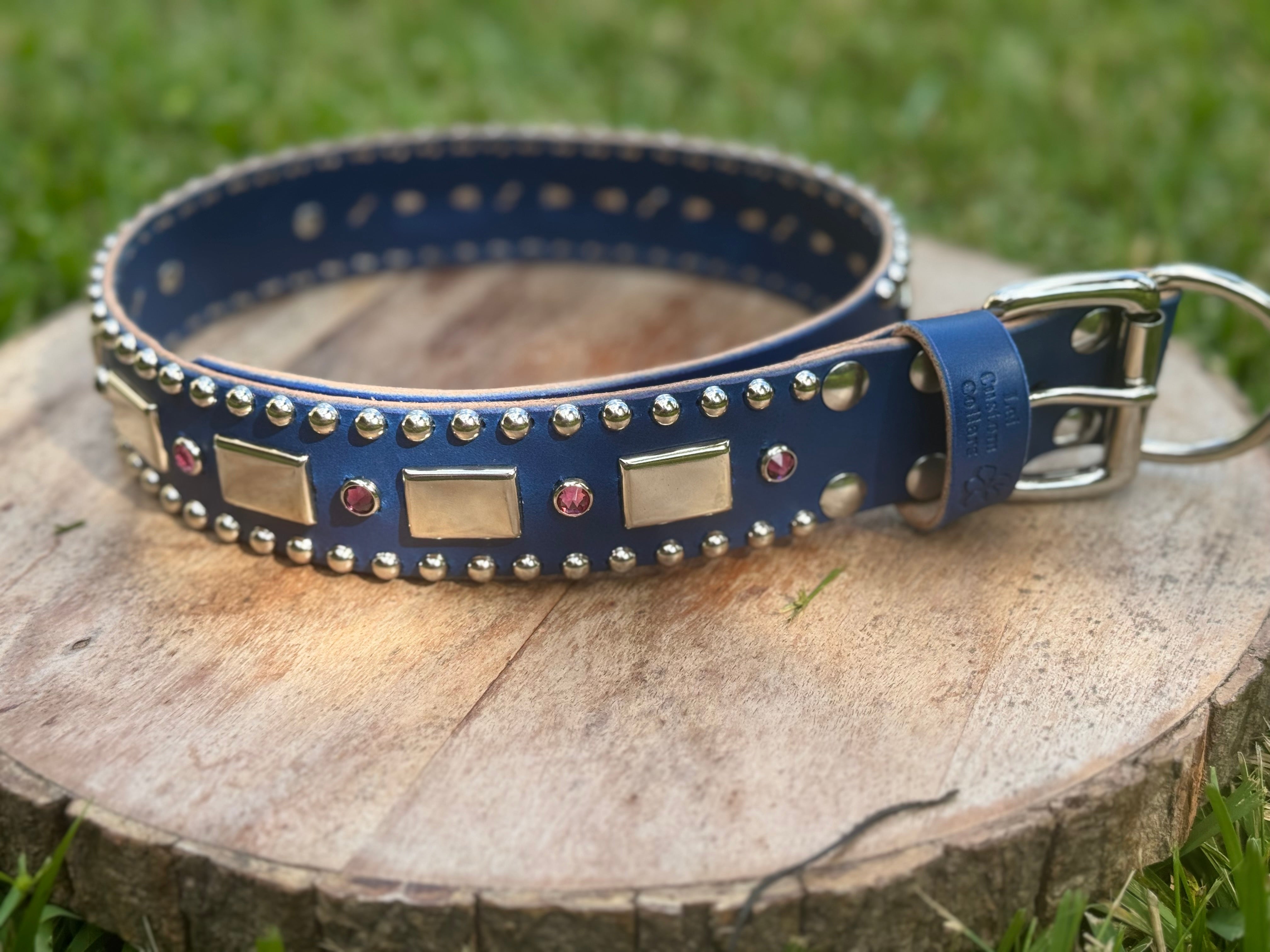 Attis Leather Dog Collar – 1.5" Crystal & Nickel Spots Statement Dog Collar with Personalized Nickel Nameplate