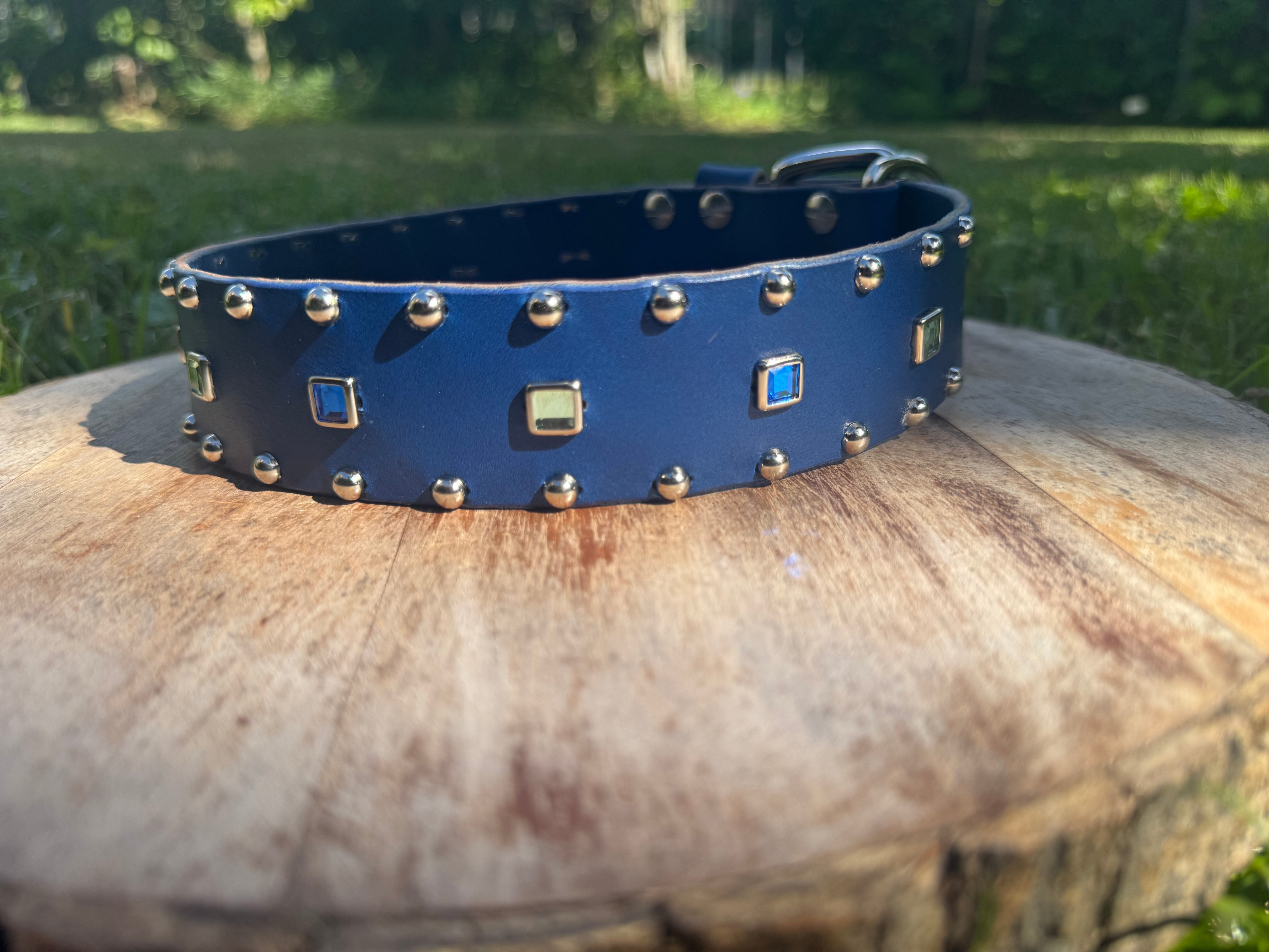Baryte Square Jewel Leather Dog Collar – 1.5" large Dog Collar with Nickel Nameplate (Copy)