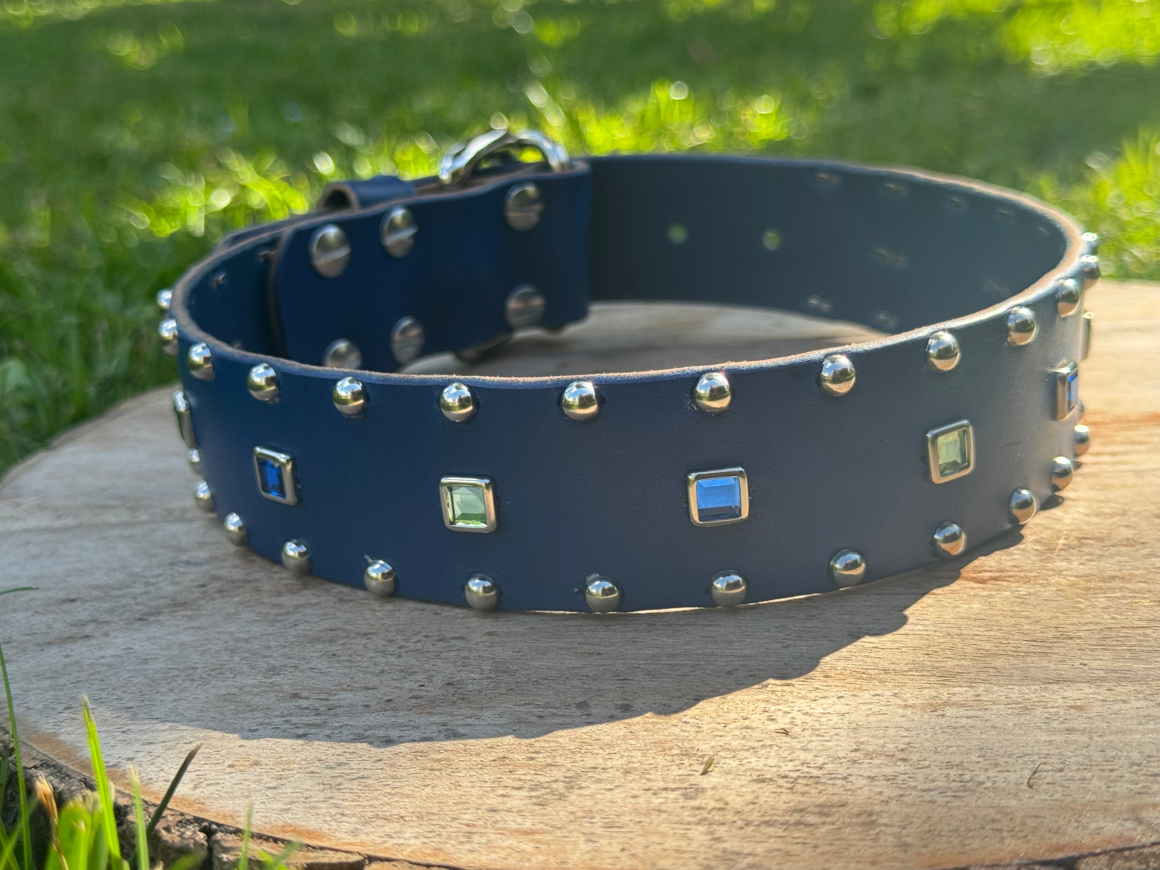 Baryte Square Jewel Leather Dog Collar – 1.5" large Dog Collar with Nickel Nameplate (Copy)