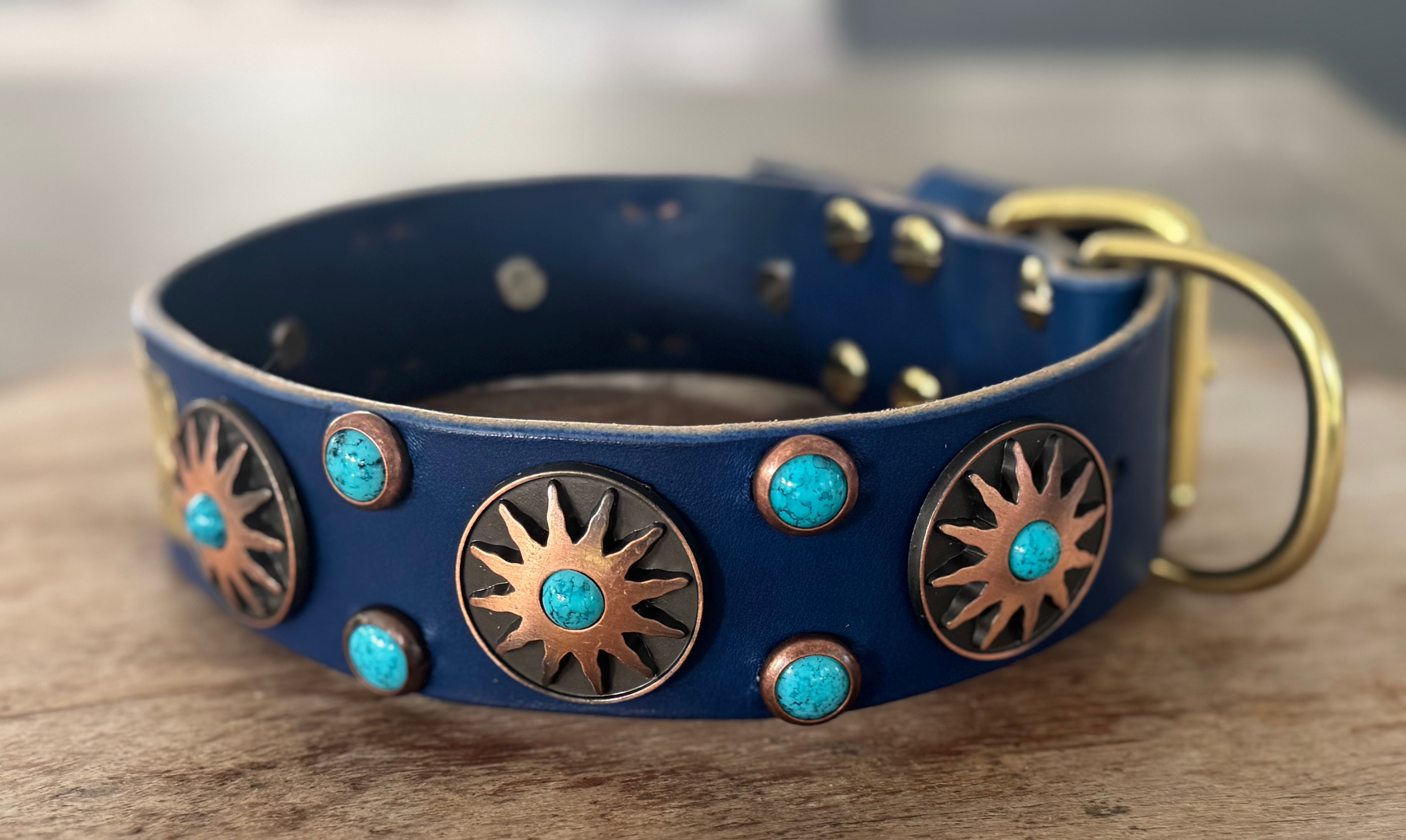 Western Native Sun Leather Dog Collar – 1.5" Turquoise & Copper Sun Concho Large Dog Collar